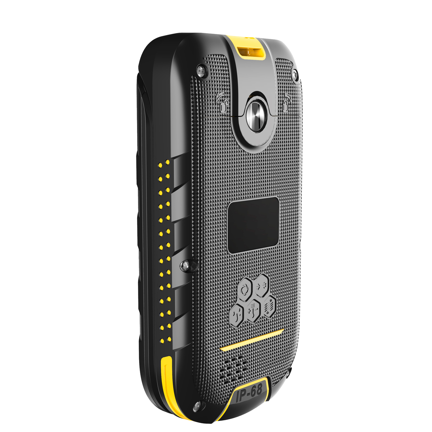 Rugged black phone with yellow accents. Features include buttons, a camera, and the IP-68 rating.