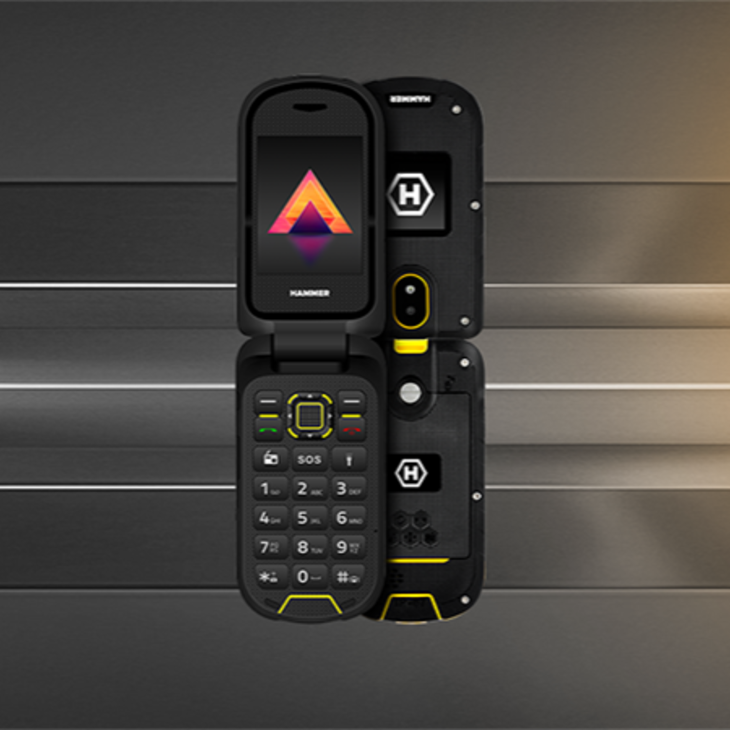A black flip phone is open, revealing the screen displaying a colorful logo. The phone is on a metallic background.