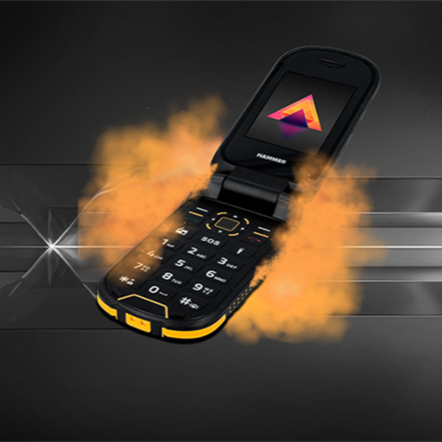 A black flip phone with yellow accents is open, emitting orange smoke against a dark gray background with horizontal lines.
