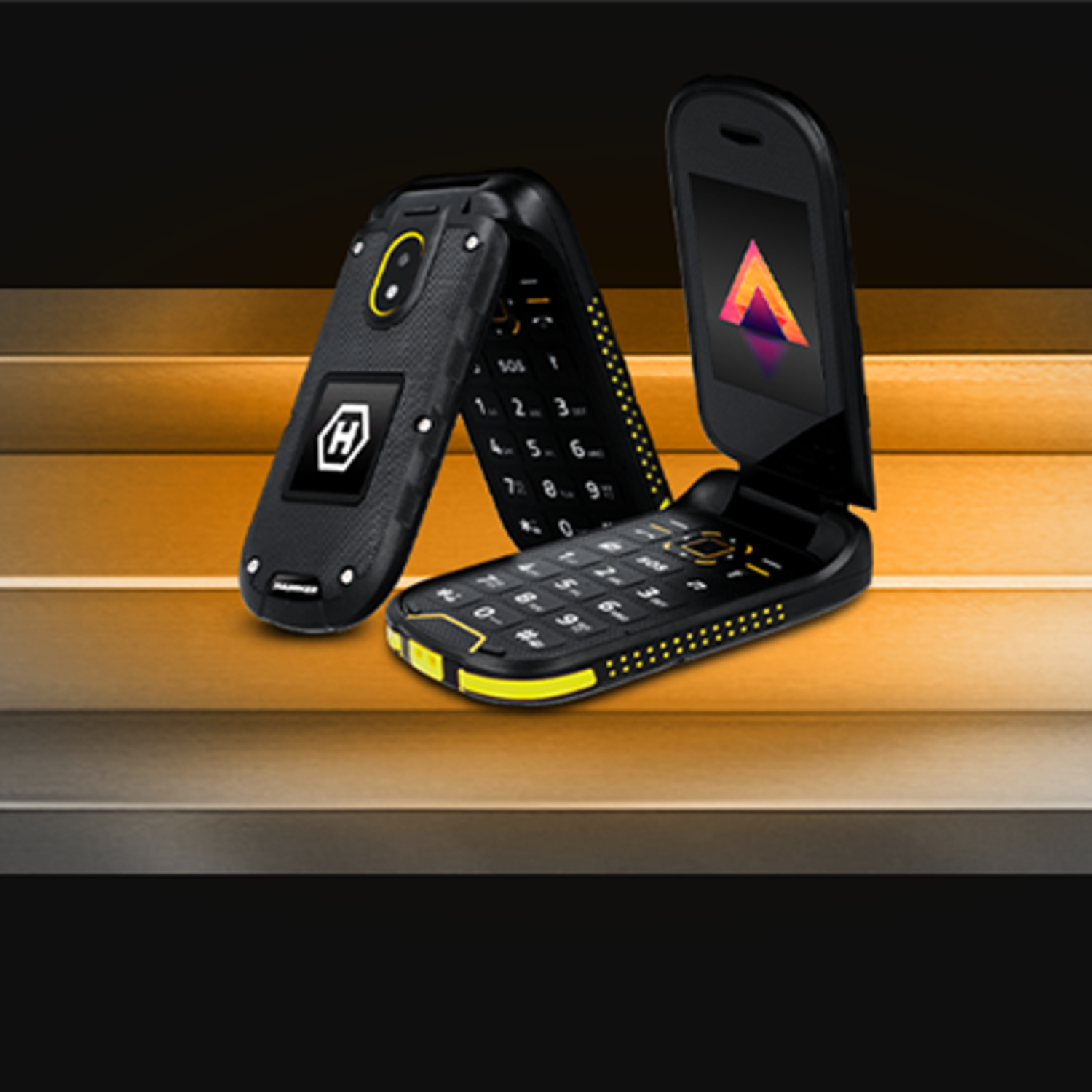 Two black flip phones with yellow accents on a gradient background. One is open, showing a screen with an abstract logo.