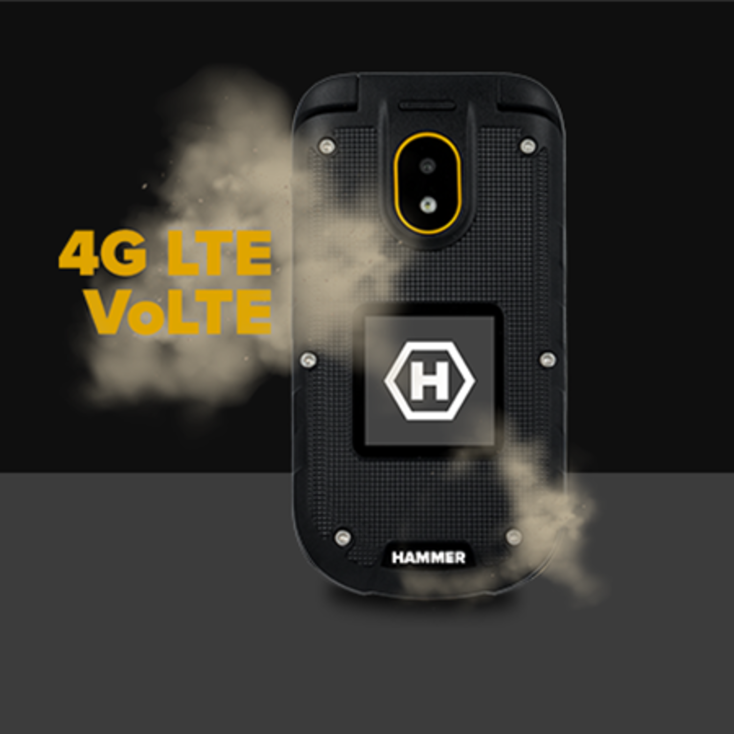 A black rugged phone with yellow accents. Text reads '4G LTE VoLTE'. The Hammer logo is visible. Dust effect.