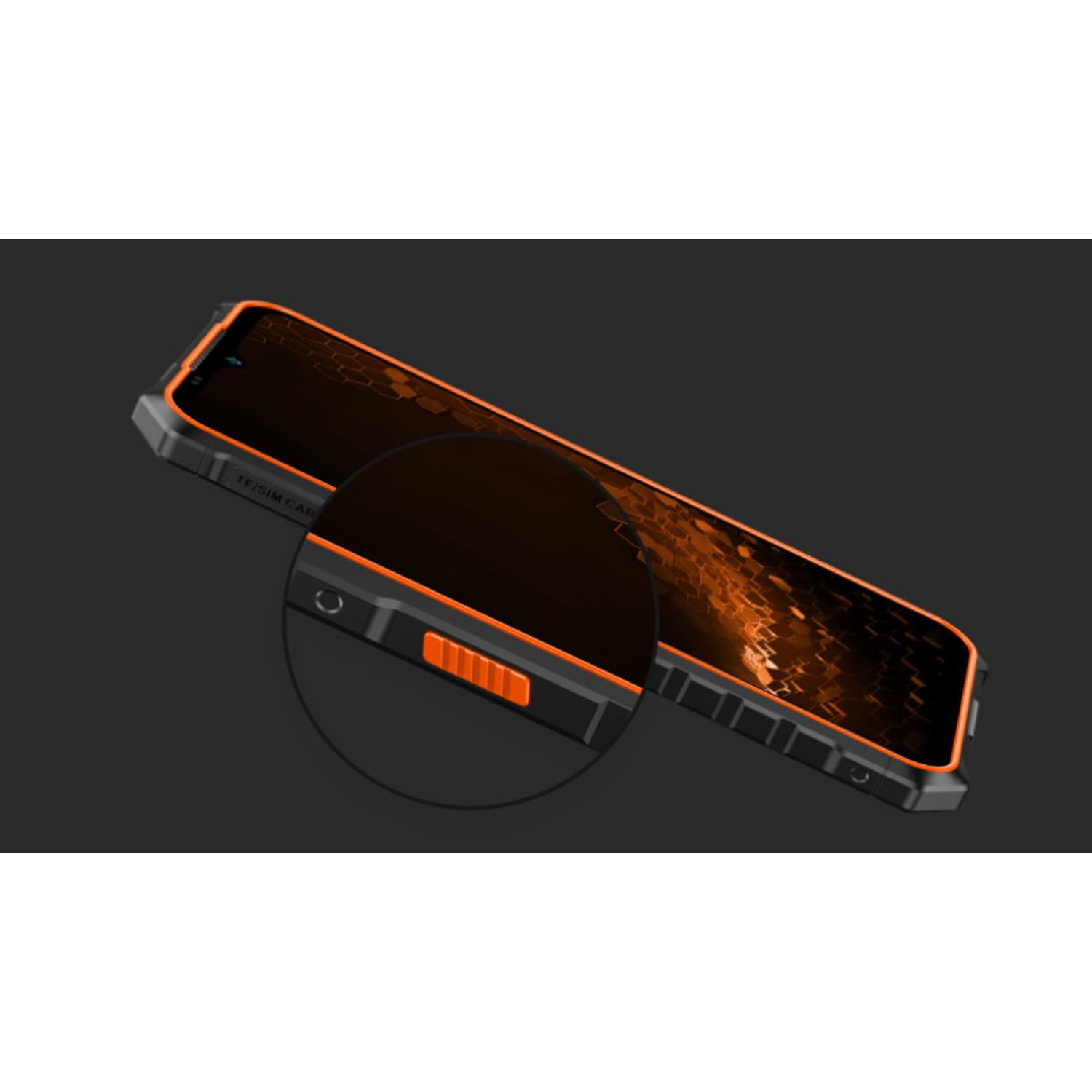 A black and orange rugged smartphone on a dark background. The screen displays a honeycomb pattern. Volume buttons are orange.