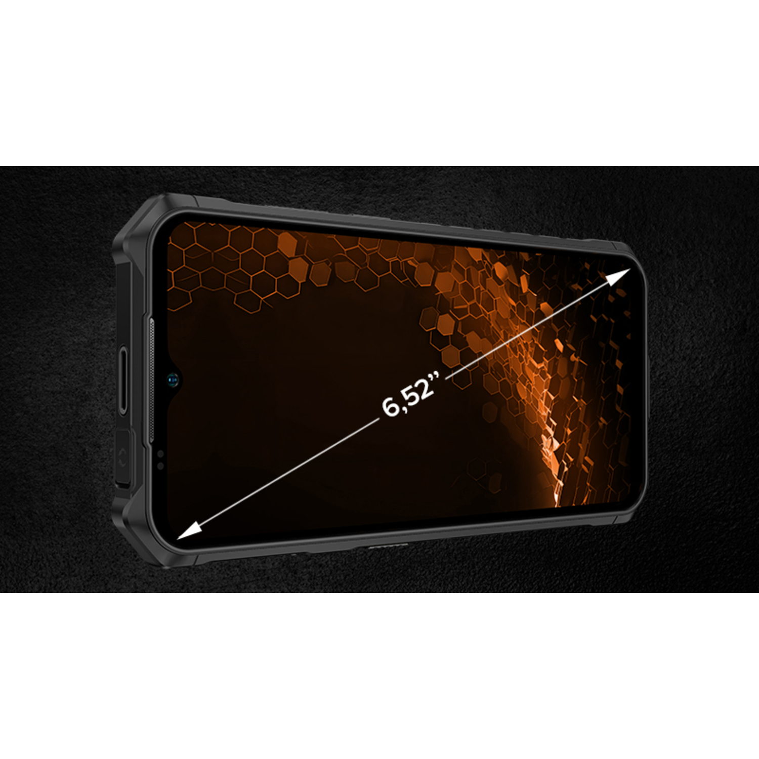 A black smartphone with a 6.52" screen, displaying an orange honeycomb pattern. The phone is angled, with a white arrow indicating screen size.