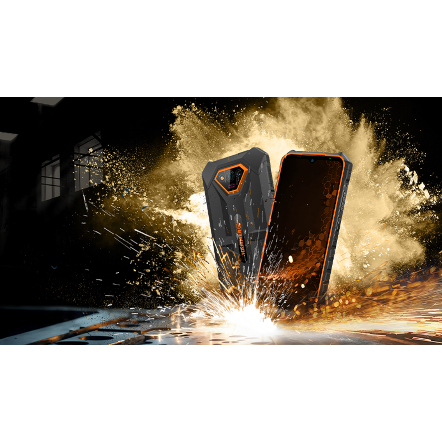 Two black smartphones with orange accents on a dark background. Sparks and golden powder burst around them.