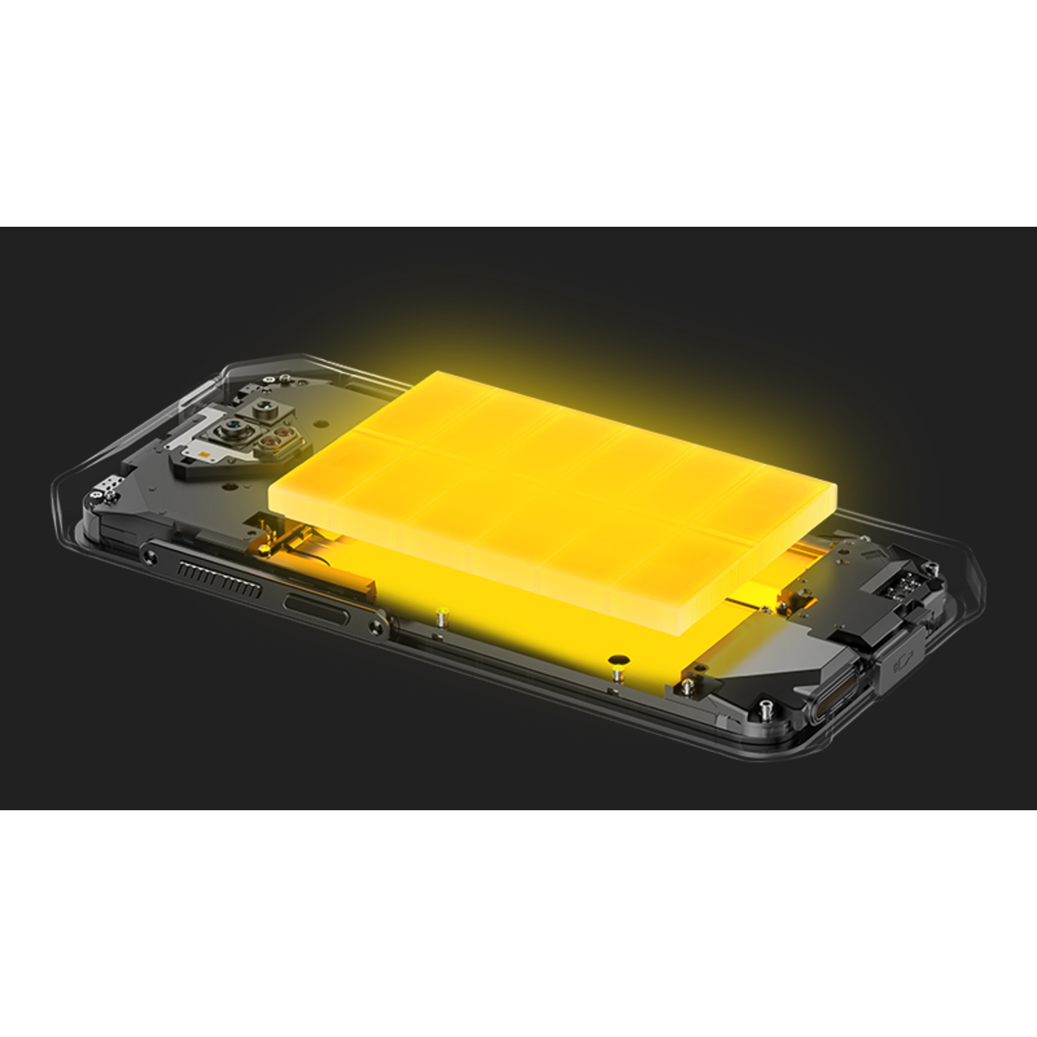 Cutaway of a smartphone with a glowing yellow battery. The phone's components are visible against a black background.