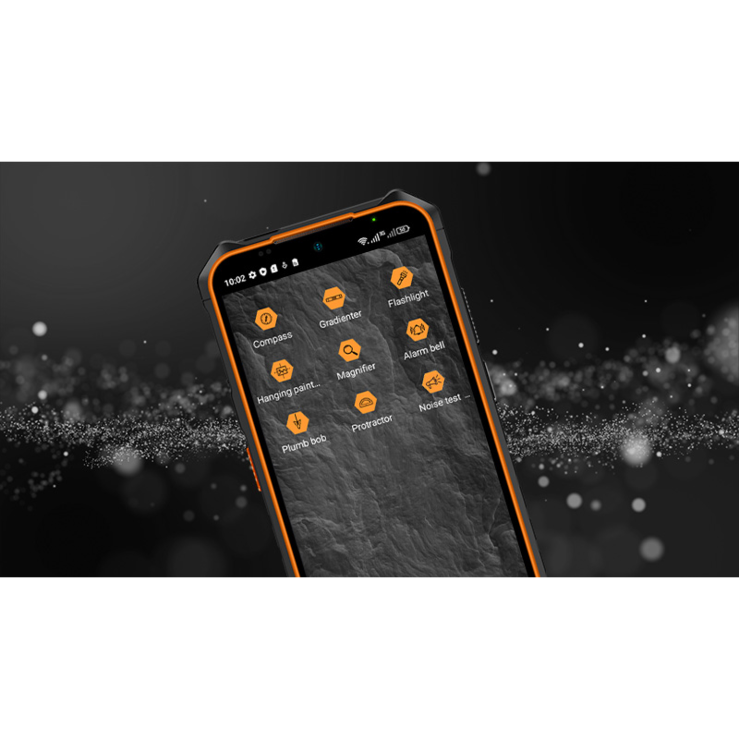 A smartphone screen displays various tools. The phone has an orange frame. Background is black with white particles.