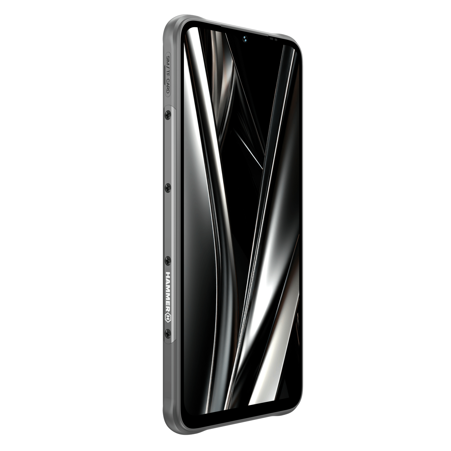 A gray smartphone, tilted. The screen is black, with reflective lines. The side has buttons and a SIM/TF card slot.
