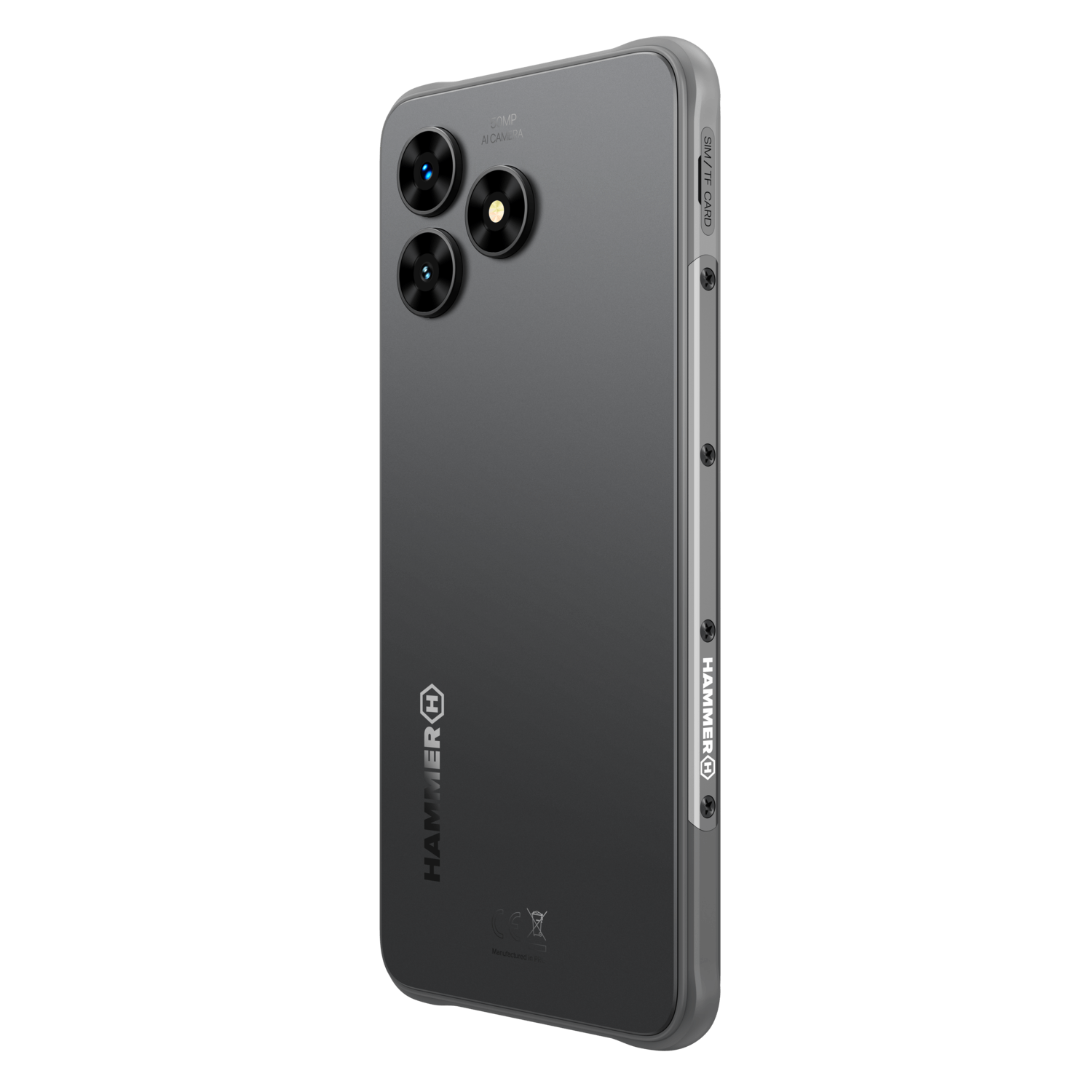 A gray smartphone with three cameras. The phone has a metallic frame and the Hammer logo. SIM/TF card slot is visible.