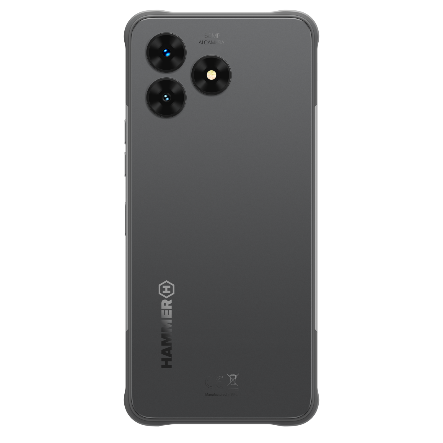 A dark gray smartphone back. Three camera lenses are on top. The Hammer logo is visible. It has a protective frame.