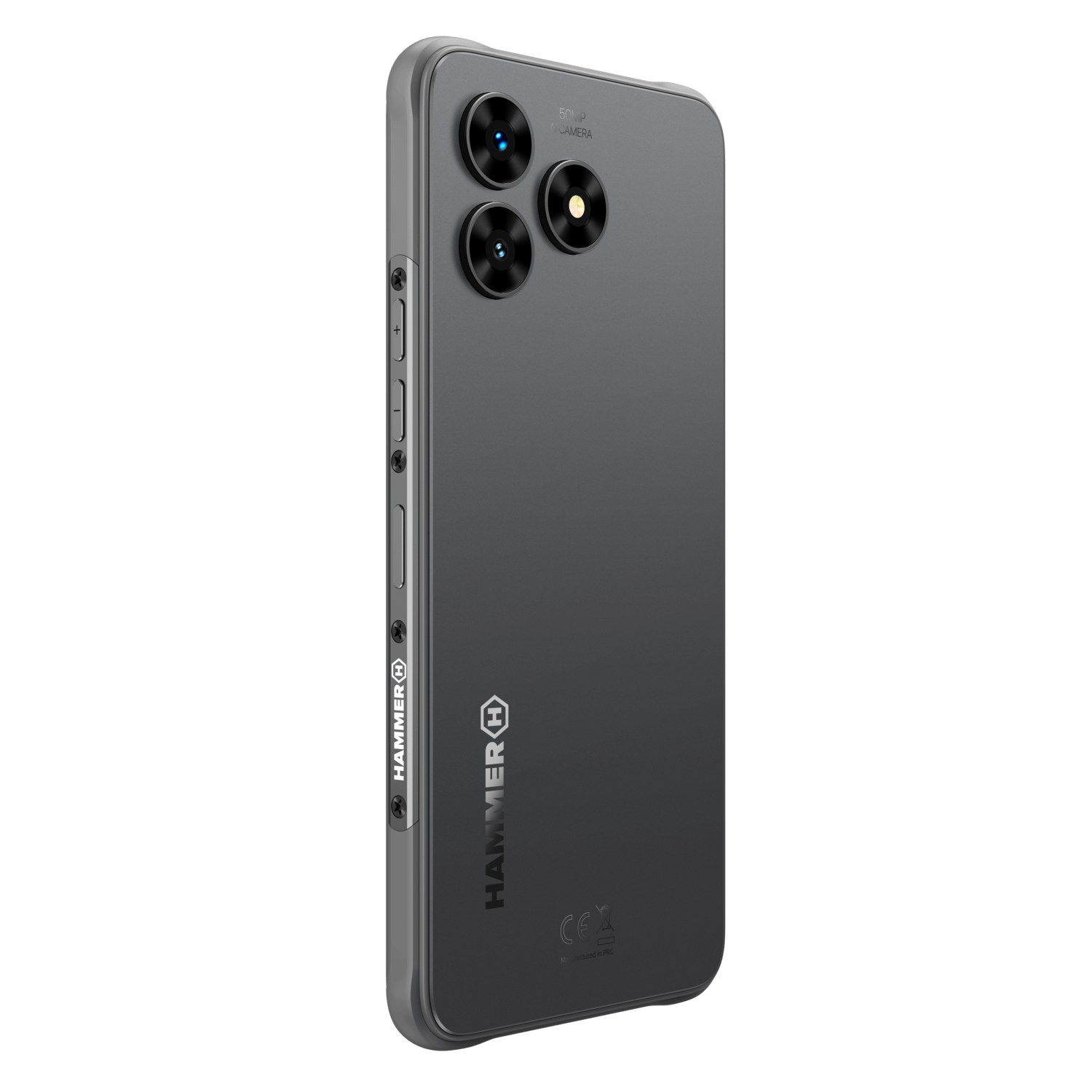 A gray smartphone with three cameras. The phone has the Hammer logo on the side. The background is white.