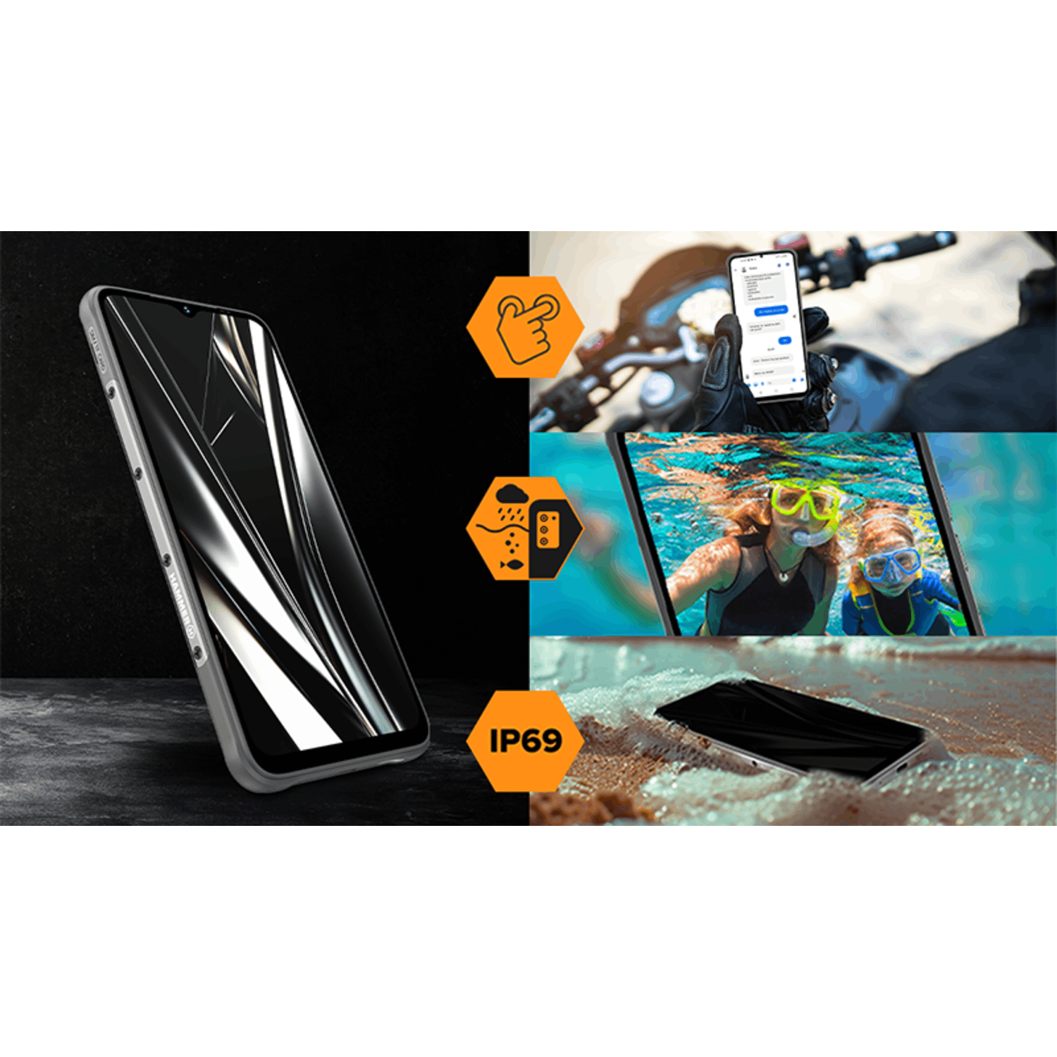 A phone in a rugged case, and scenes demonstrating its features: texting on a motorcycle, underwater use, and in water.