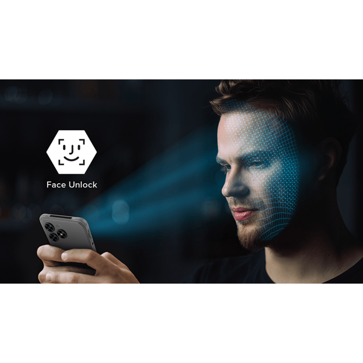 A man holding a phone uses face unlock technology. Blue grid overlays face. Face Unlock icon shown. Dark background.
