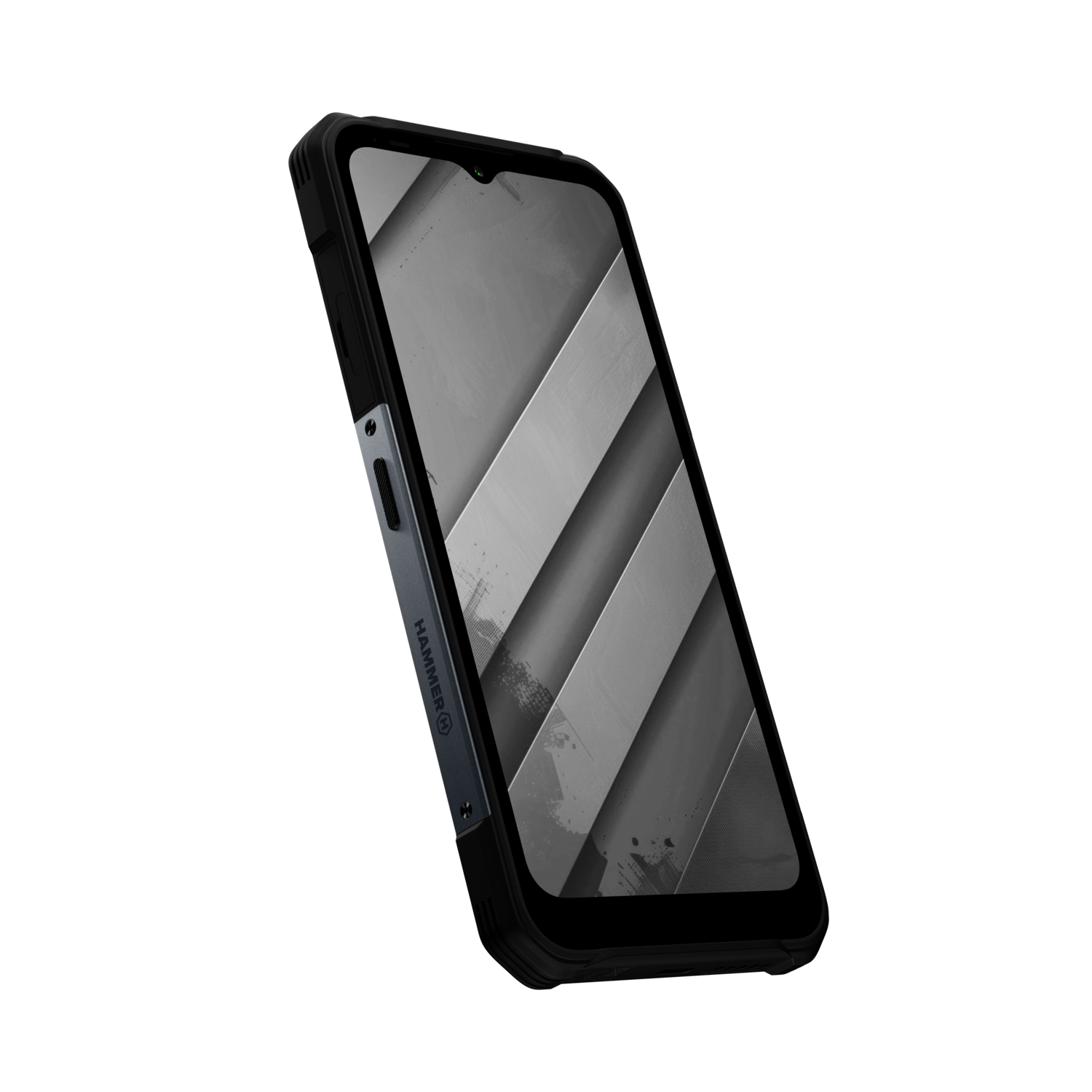 A black smartphone with a gray side panel and a screen displaying gray diagonal stripes, against a white background.