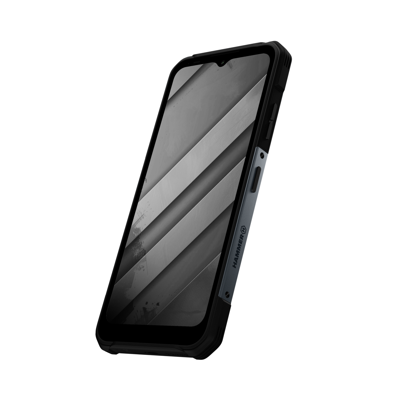 A black and gray smartphone on a white background. The screen displays a gray striped pattern. The phone has a rugged design.