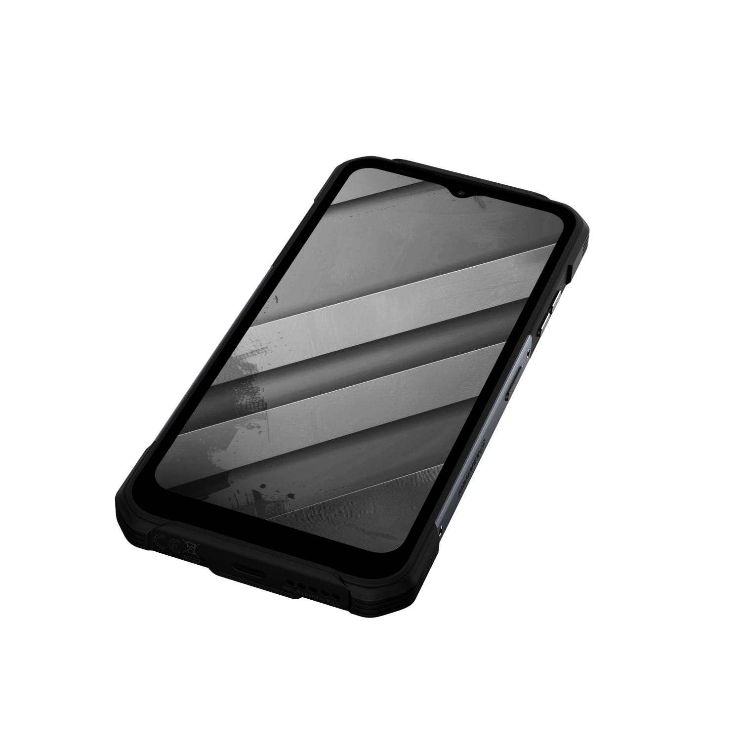A black smartphone is angled. Its screen displays gray stripes. The phone has a black case and is set against a white background.