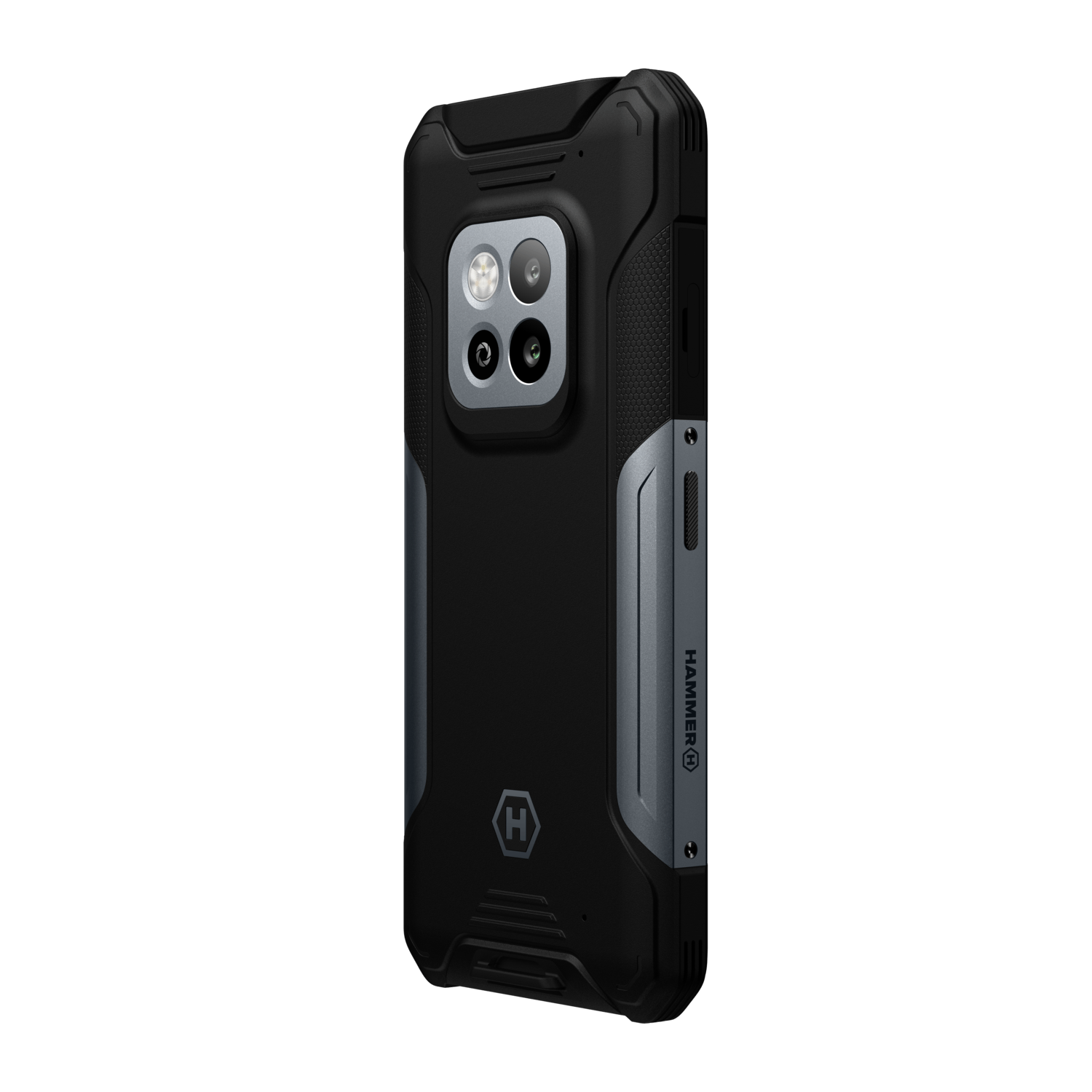 Black and gray rugged smartphone. Features a camera module with multiple lenses and the Hammer logo. The phone's design is robust.