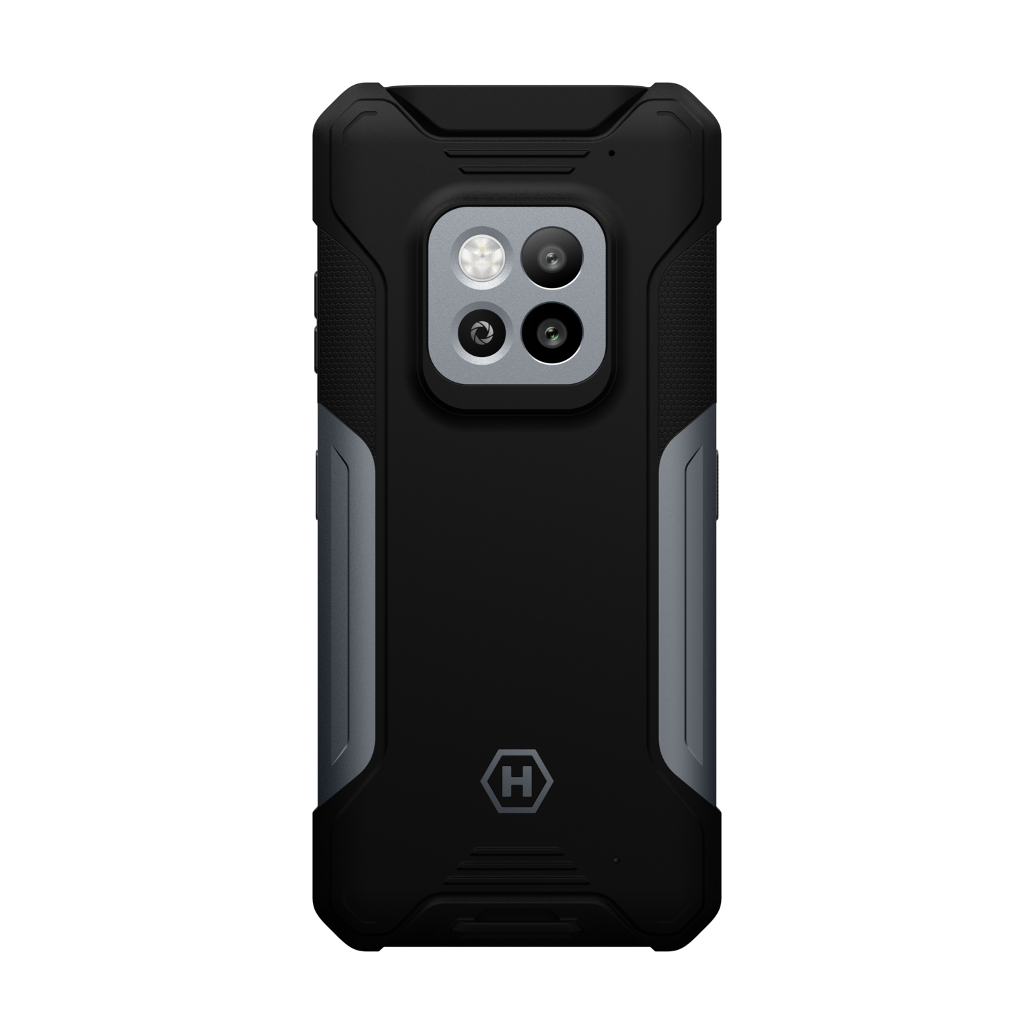 Black smartphone back with camera module and logo. Gray accents and a rugged design. Isolated on white background.