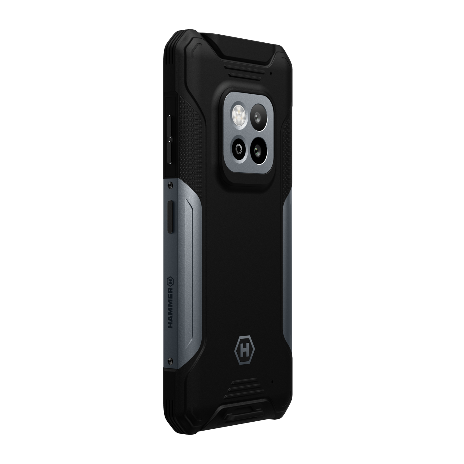 Black and gray smartphone. Features include a triple camera, the brand logo, and a rugged design.