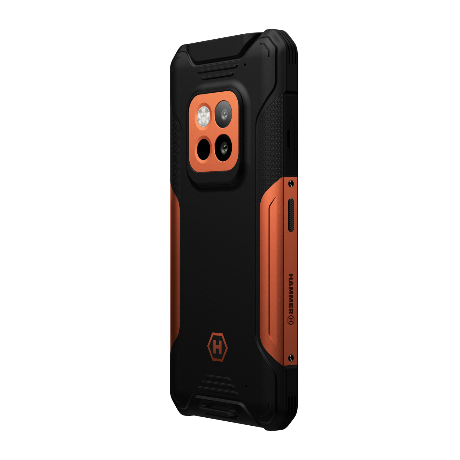 Zwarte en oranje smartphone. Het heeft een drievoudige cameralens en een robuust ontwerp. De merknaam 'Hammer' is zichtbaar.
