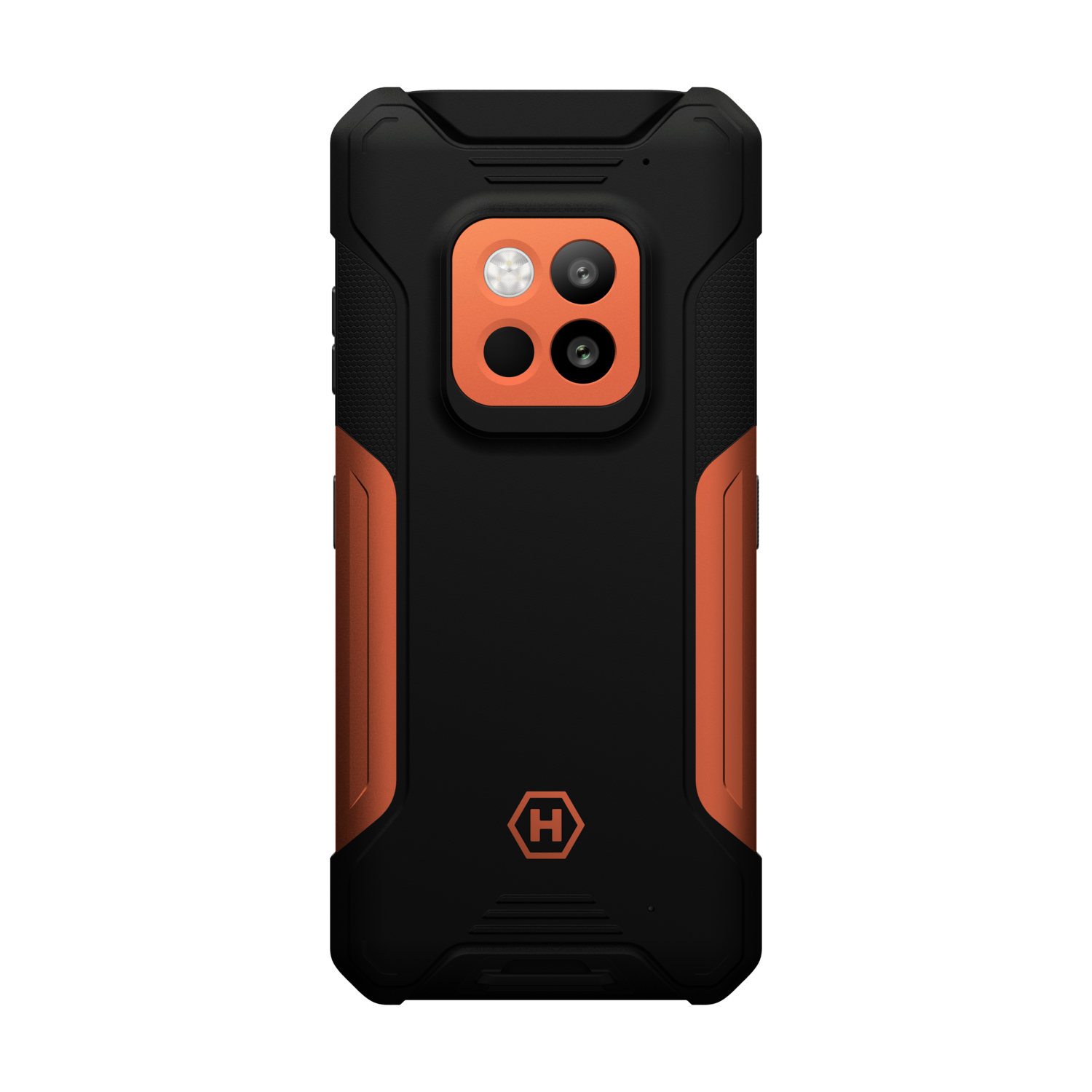 Zwarte en oranje robuuste smartphone. Beschikt over een camera-opstelling met flitser en een logo. Het ontwerp is robuust met een beschermende behuizing.