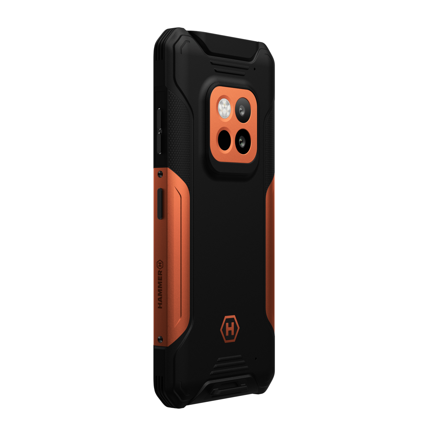 Zwarte en oranje smartphonehoes. Het heeft een cameramodule met meerdere lenzen. Het merklogo is zichtbaar.