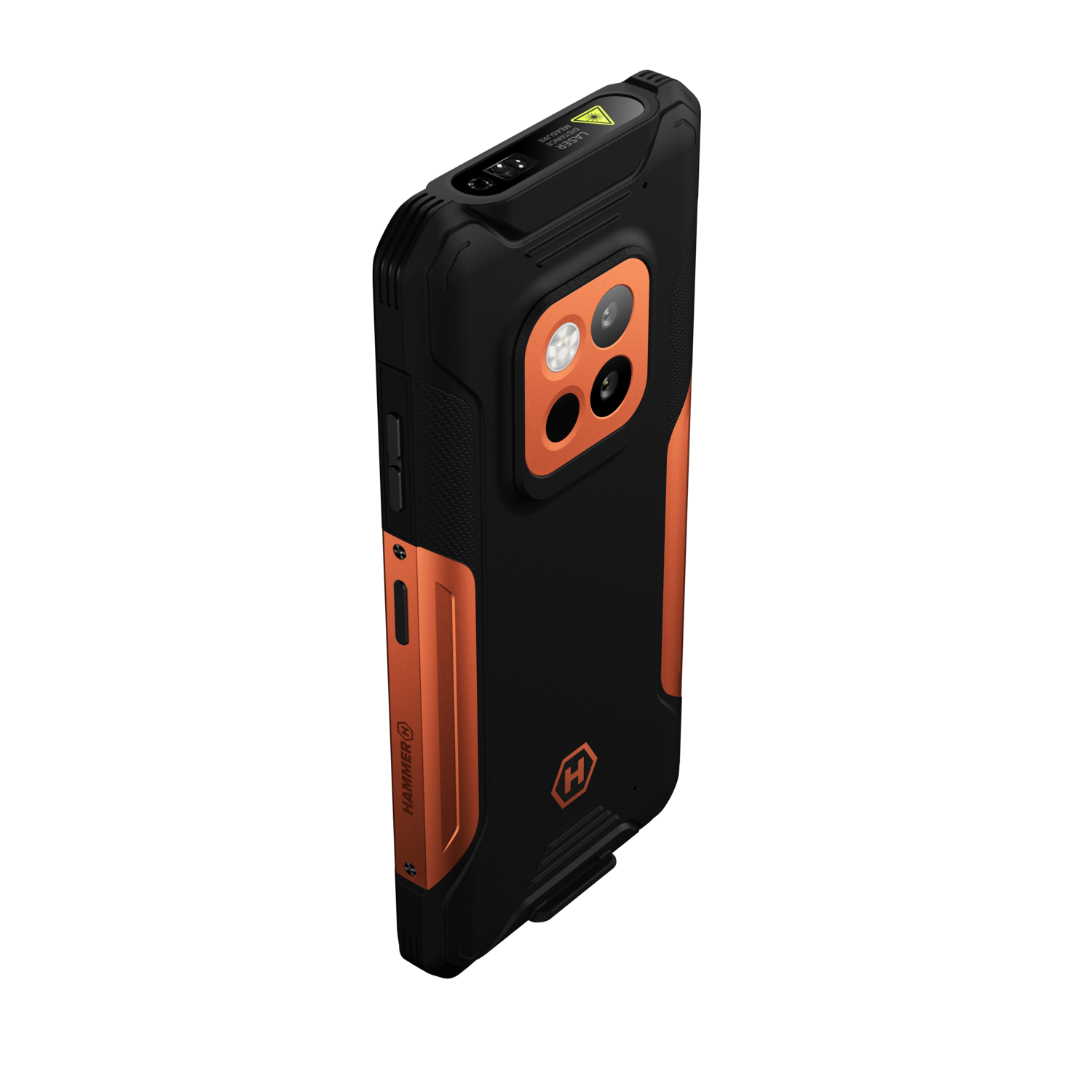 Een zwart-oranje smartphonehoesje. Het heeft een cameramodule, knoppen aan de zijkant en de merknaam. De achterkant heeft een logo.