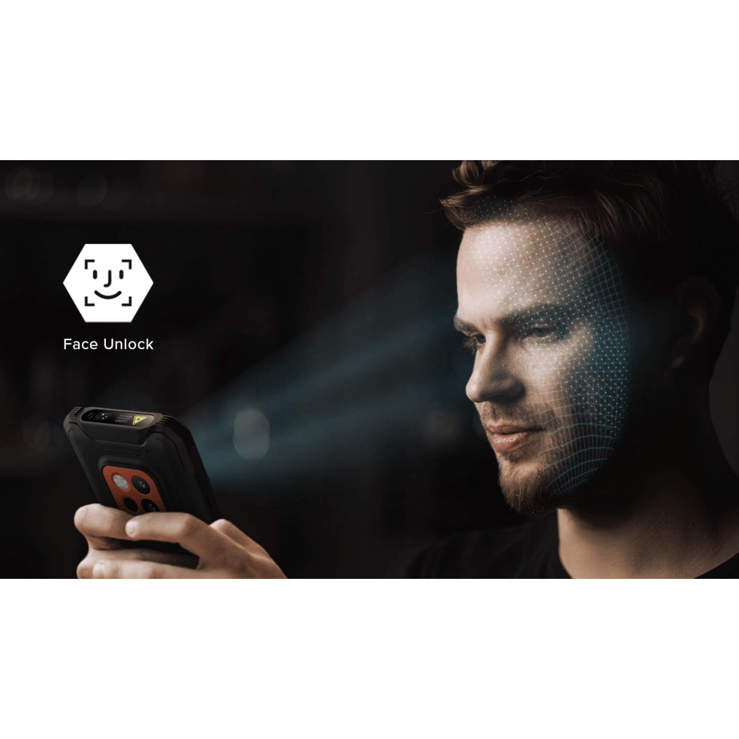 Een man gebruikt gezichtsherkenning op een telefoon. De telefoon is zwart en oranje. Het gezichtsherkenningsraster staat op zijn gezicht.