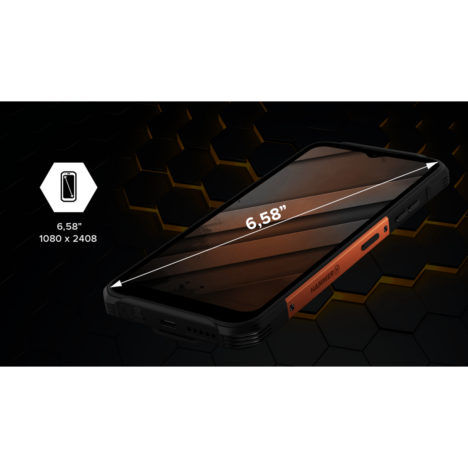 Een smartphone met een 6,58-inch scherm, oranje en zwart design, diagonaal geplaatst tegen een zeshoekige achtergrond.