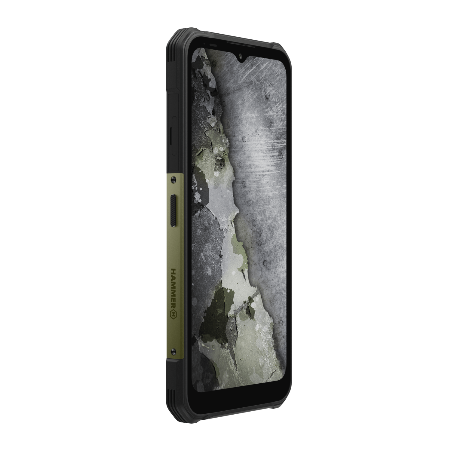 A black smartphone with a green side button, screen showing a wall with paint peeling off. The phone is angled to the right.