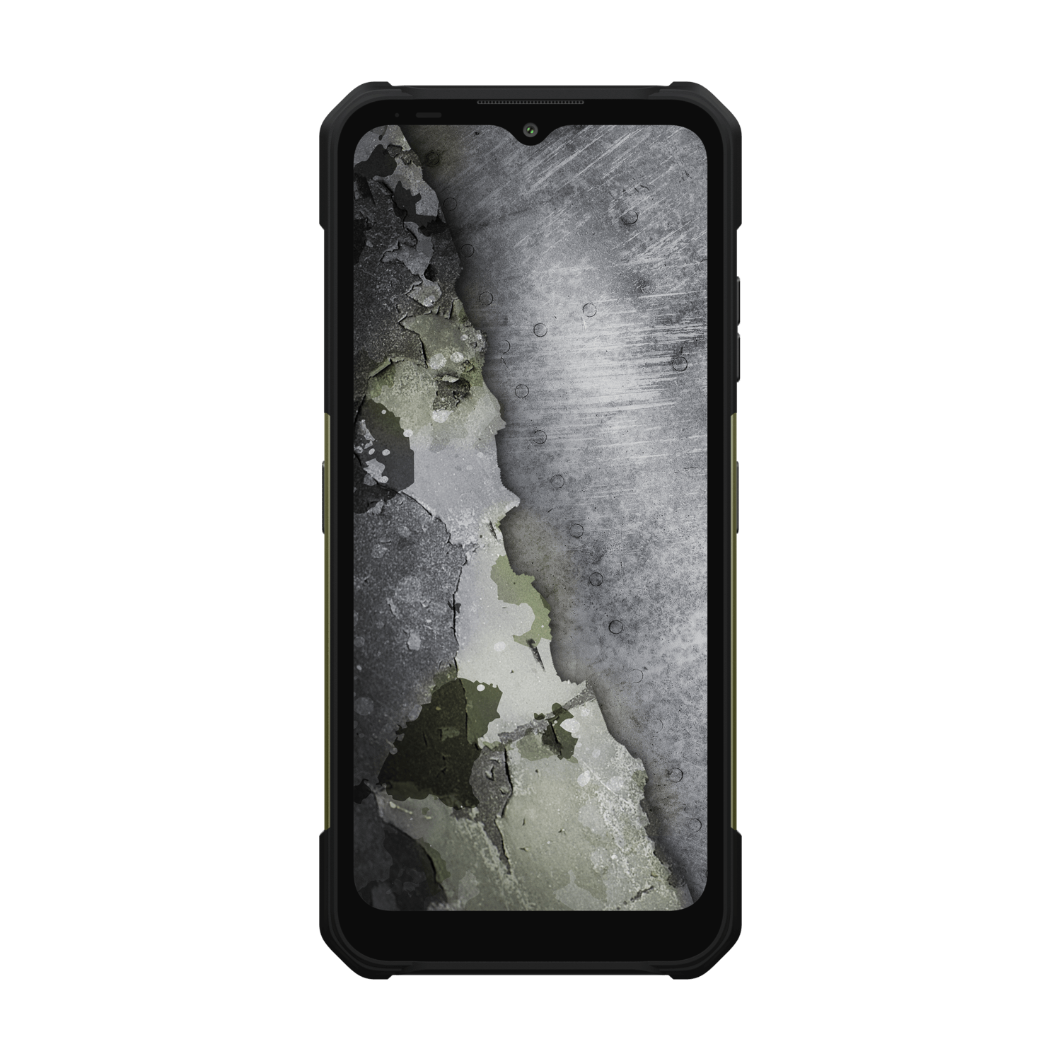 A black smartphone with a rugged case. The screen displays a textured metal background with peeling paint.