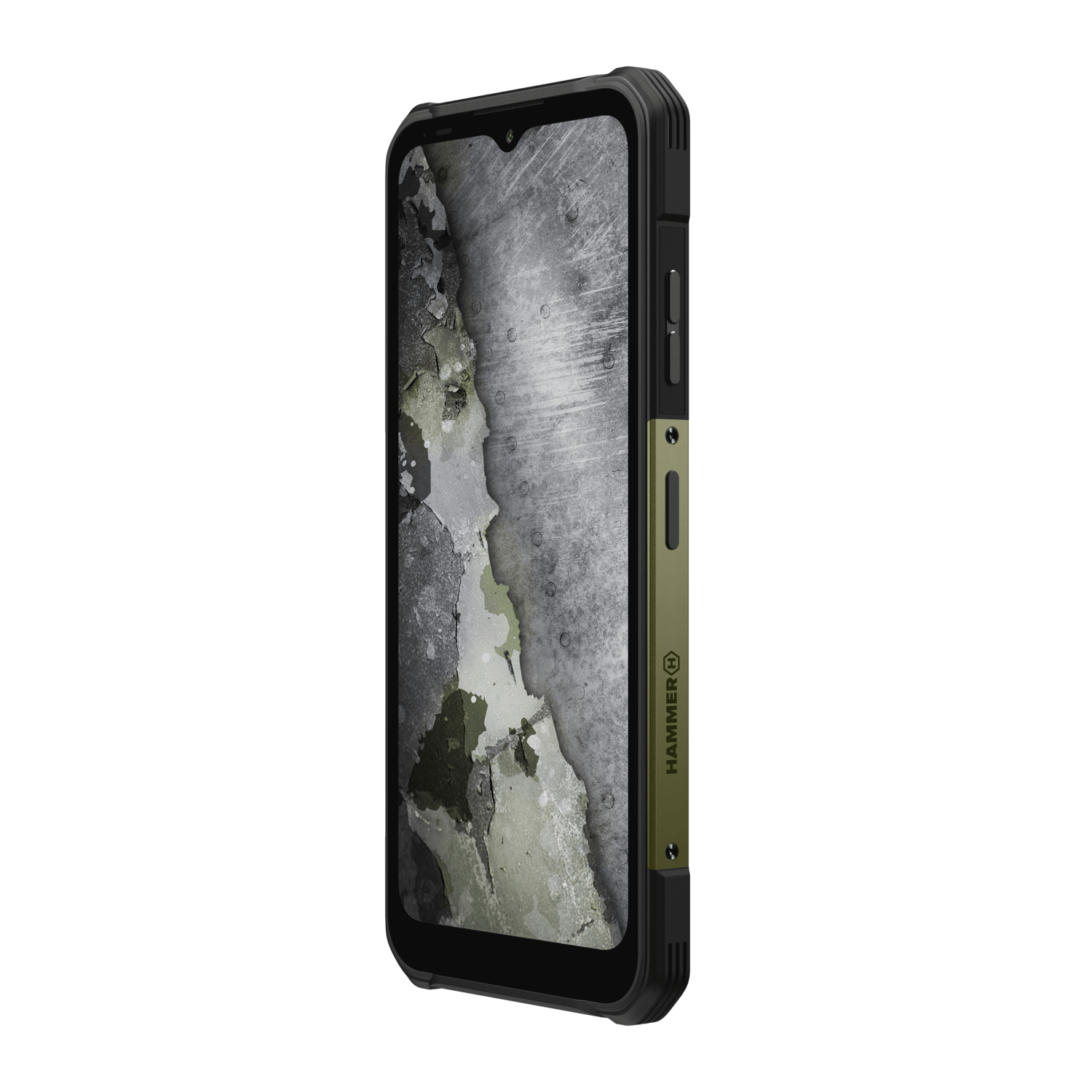 Rugged smartphone. Black and olive green case. Screen displays cracked concrete texture. Side buttons visible. Brand logo on the side.