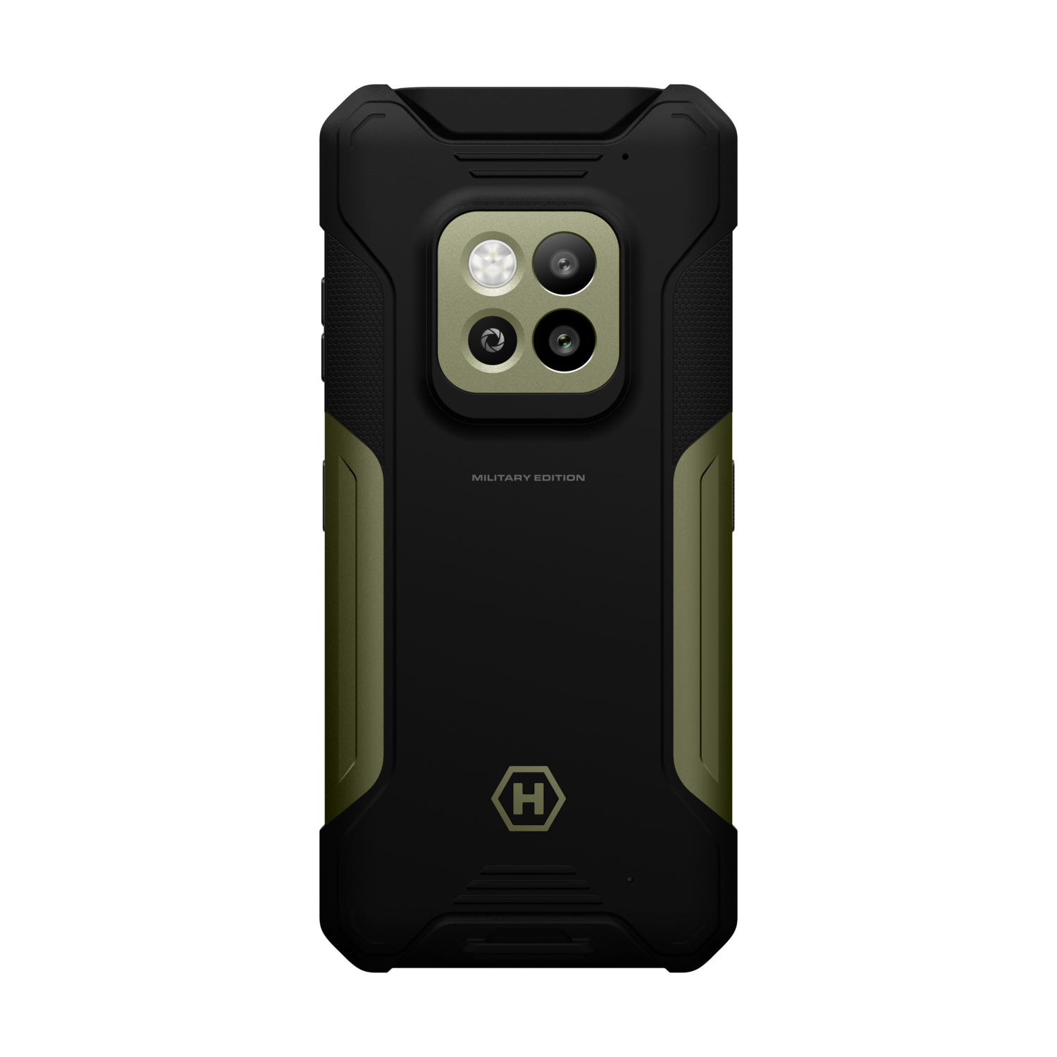 The back of a black and green rugged smartphone. It features a camera array, the words 'MILITARY EDITION' and a logo.