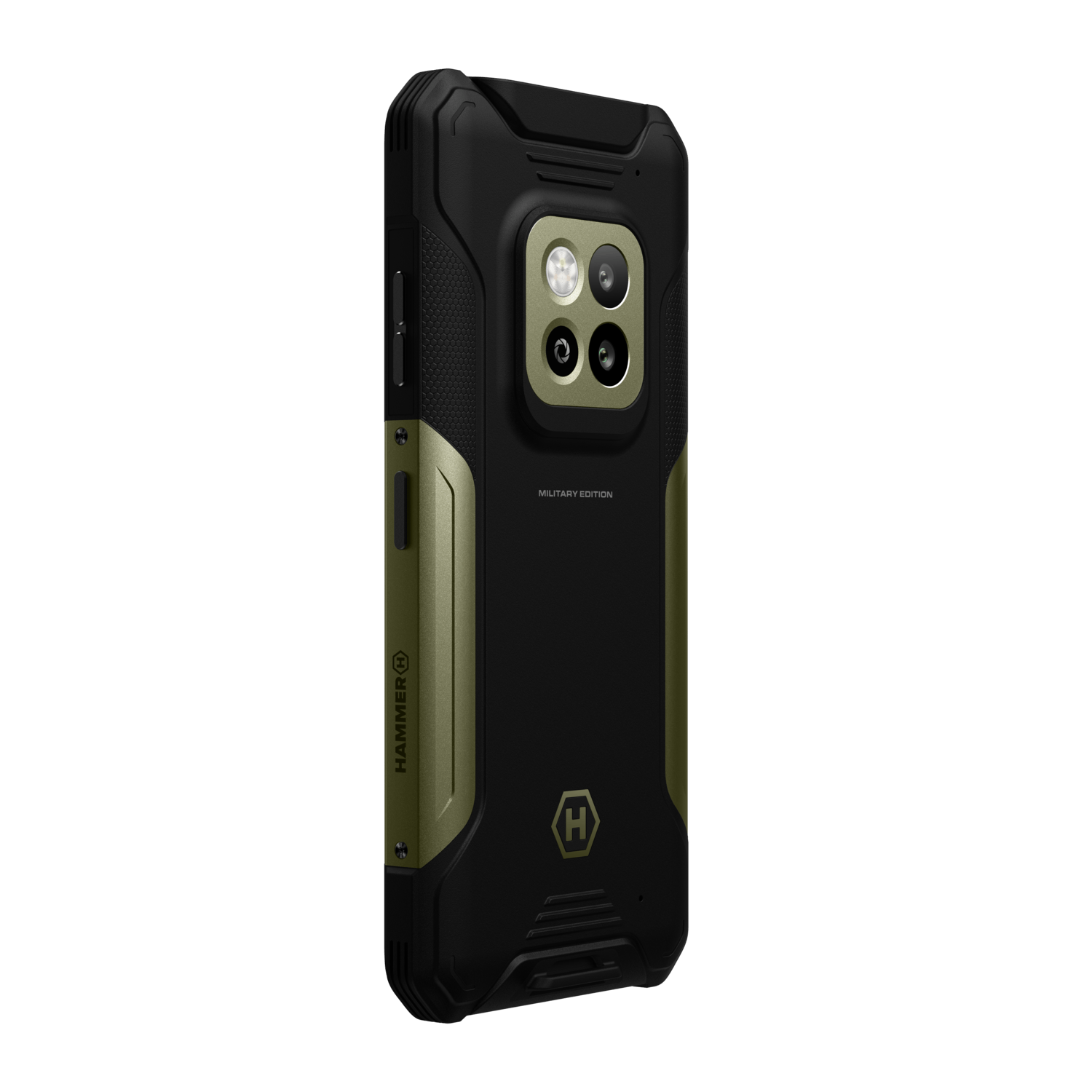 A black and olive green smartphone with a rugged case. It has multiple cameras and the word "MILITARY EDITION" is printed.