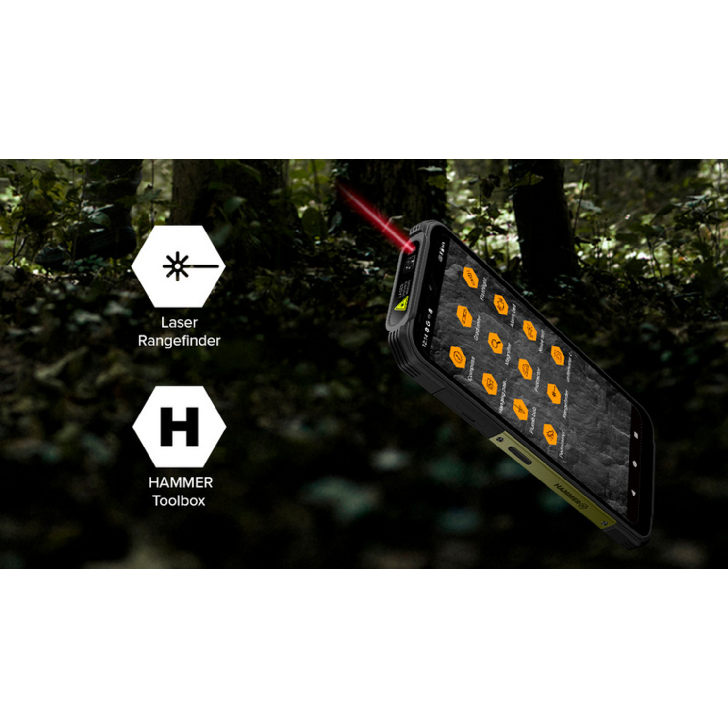 A smartphone with a laser beam, icons for tools. Icons include compass, plumb bob, rangefinder, and more. Forest background.