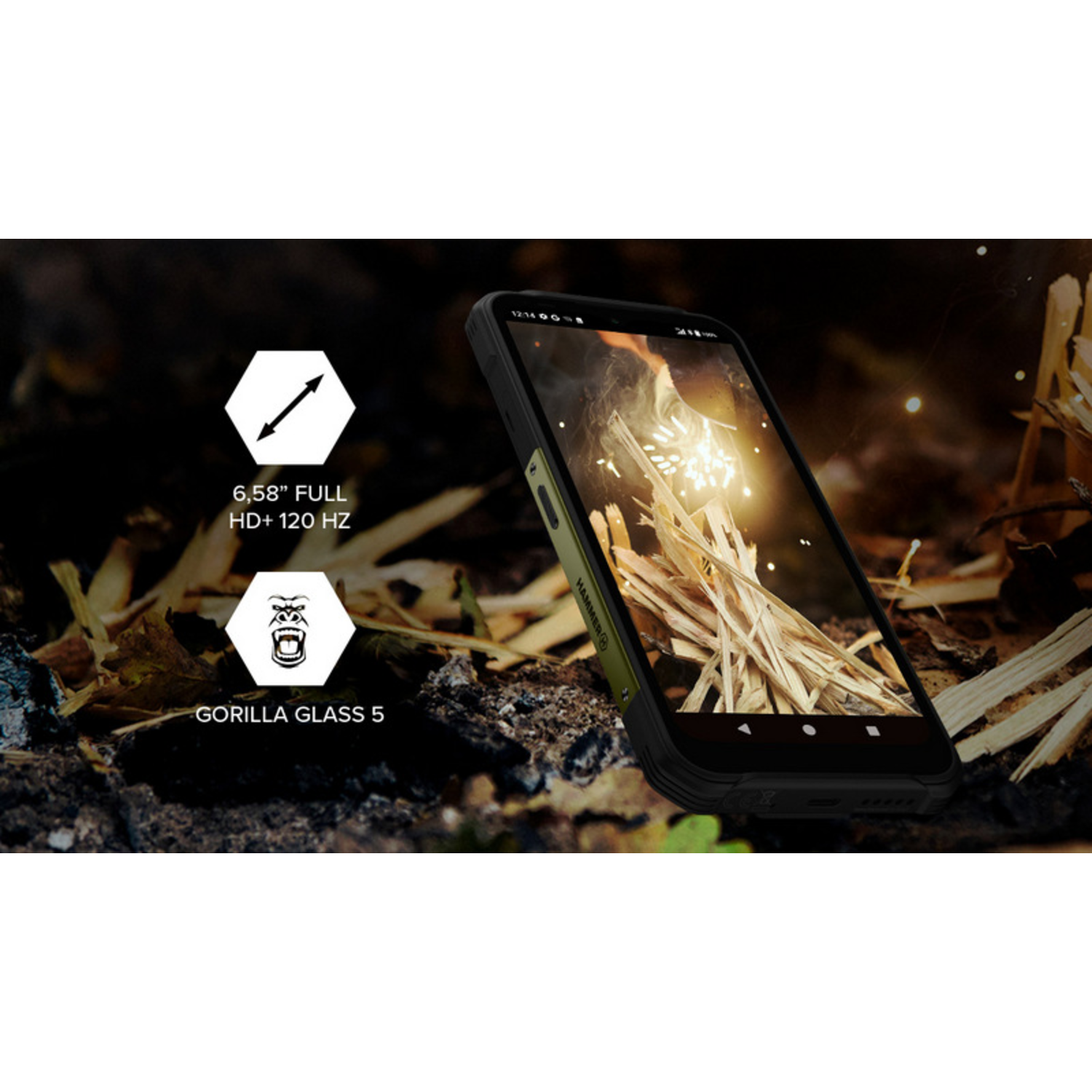 A smartphone displays a fire scene, with text indicating Gorilla Glass 5, 6.58" Full HD+ 120 Hz. The phone is on a natural background.