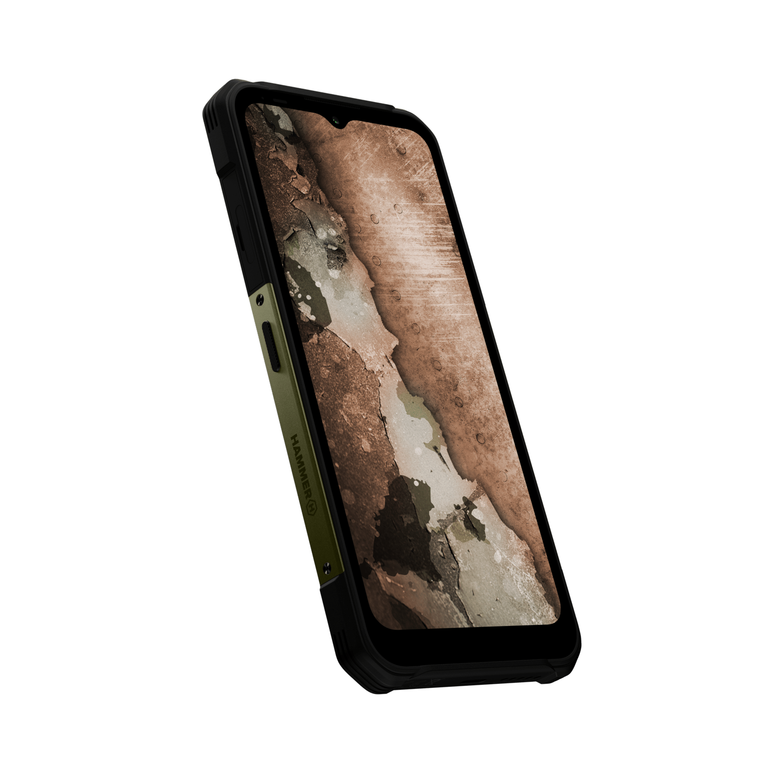Een robuuste smartphone, zwart en groen, is naar de kijker gekanteld. Het scherm toont een getextureerd, abstract patroon in bruin en wit.