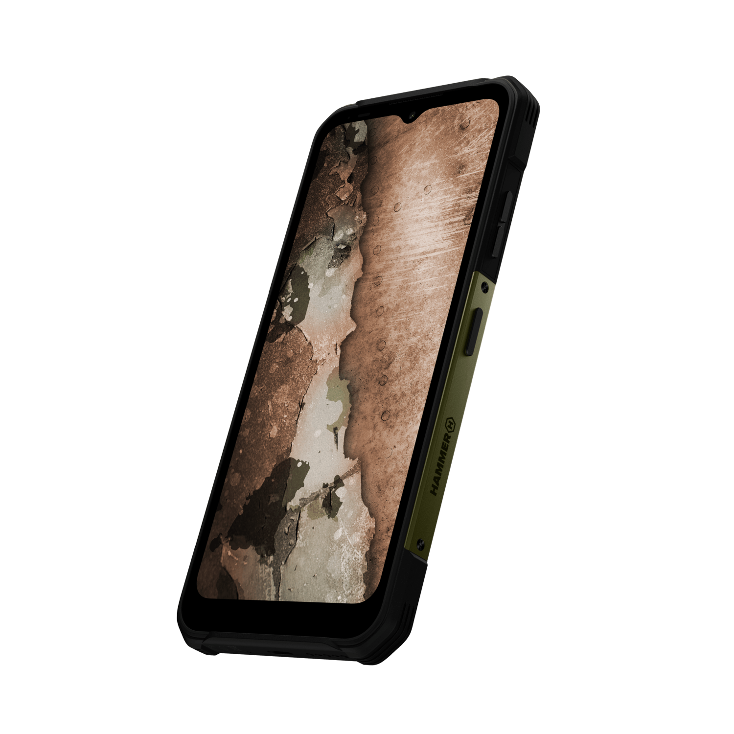 Een robuuste smartphone met een getextureerd scherm dat een verweerde muur toont. De telefoon is zwart en groen met het merk 'Hammer'.