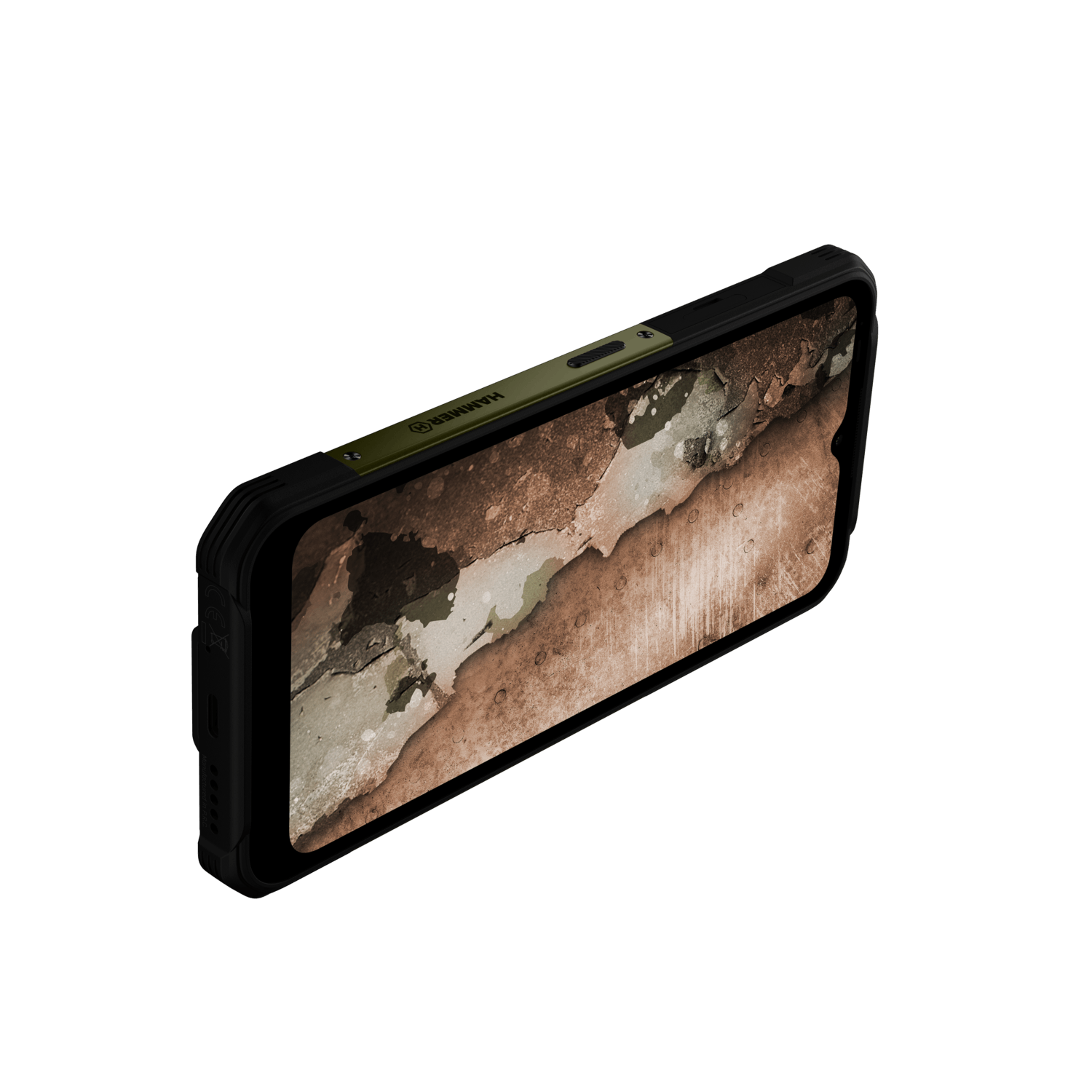 Een zwarte smartphone met een gestructureerde hoes, olijfgroene accenten en een scherm met een bruin en wit abstract patroon.