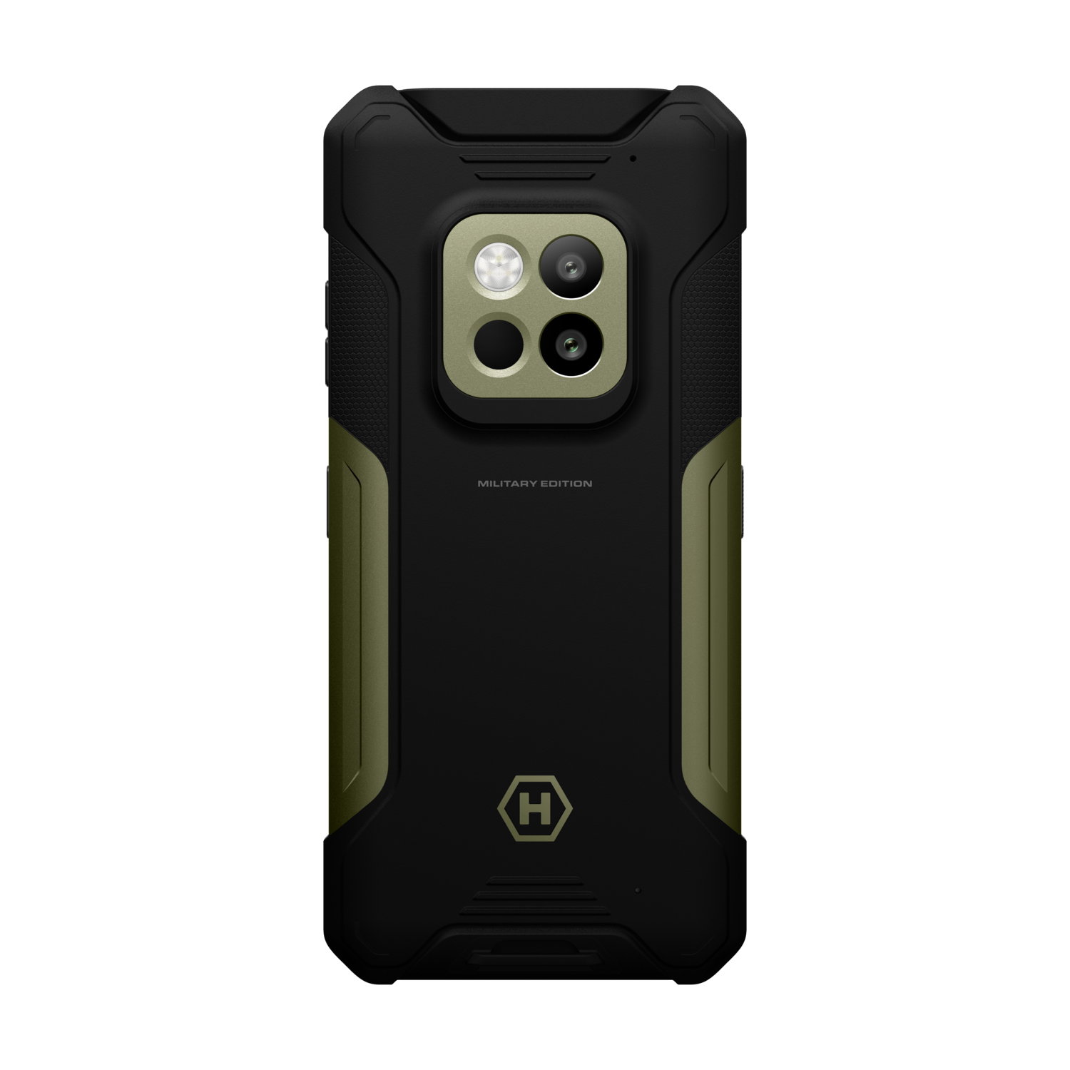 Zwarte en olijfgroene smartphone, 'Military Edition'. Voorzien van meerdere camera's, een flitser en een logo. Robuust ontwerp, geïsoleerd.