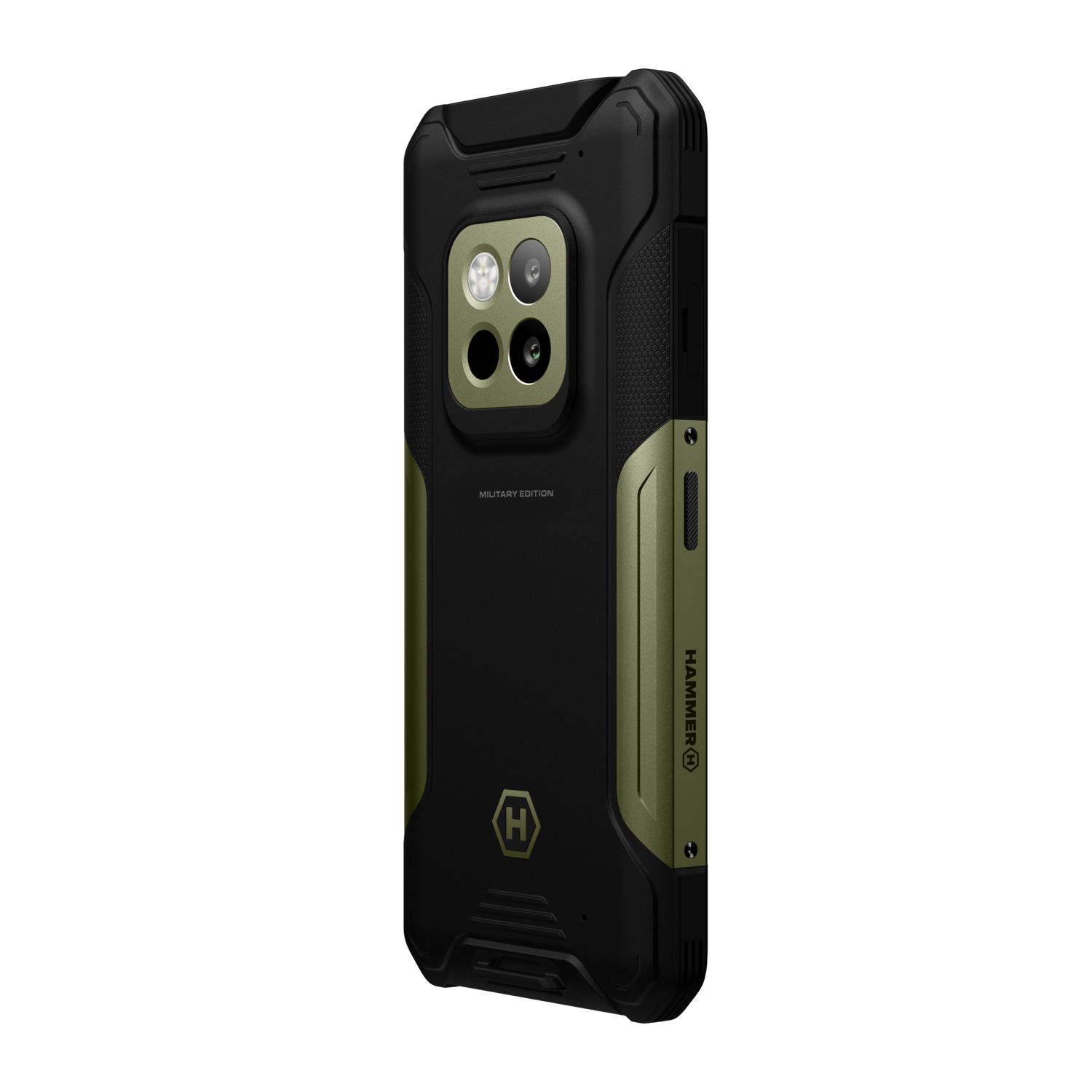 Zwart en olijfgroene smartphone. Voorzien van meerdere cameralenzen en een robuust ontwerp. De merknaam is zichtbaar.