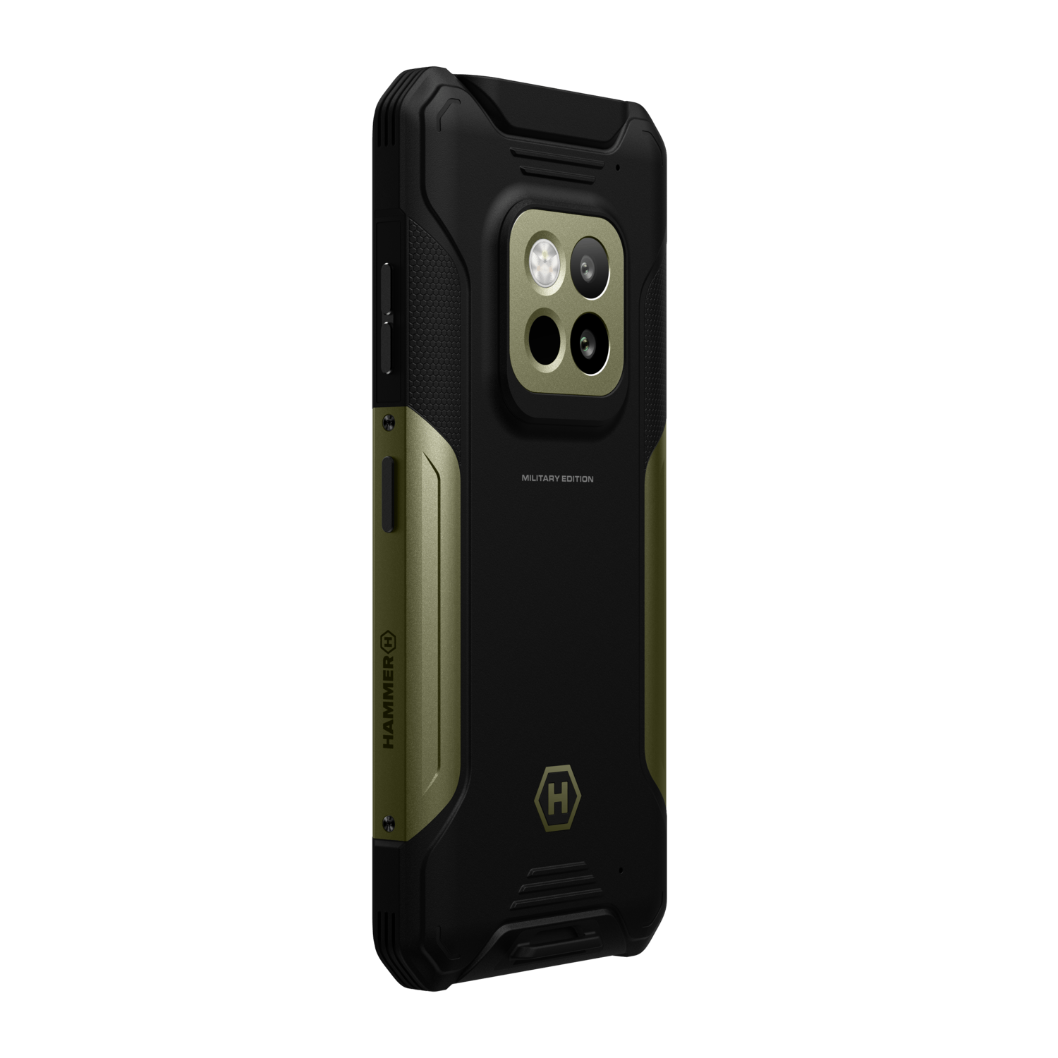 Zwarte en olijfgroene smartphonehoes. Het heeft een drievoudige camera-opstelling en de woorden 'MILITARY EDITION'. Het merklogo is zichtbaar.