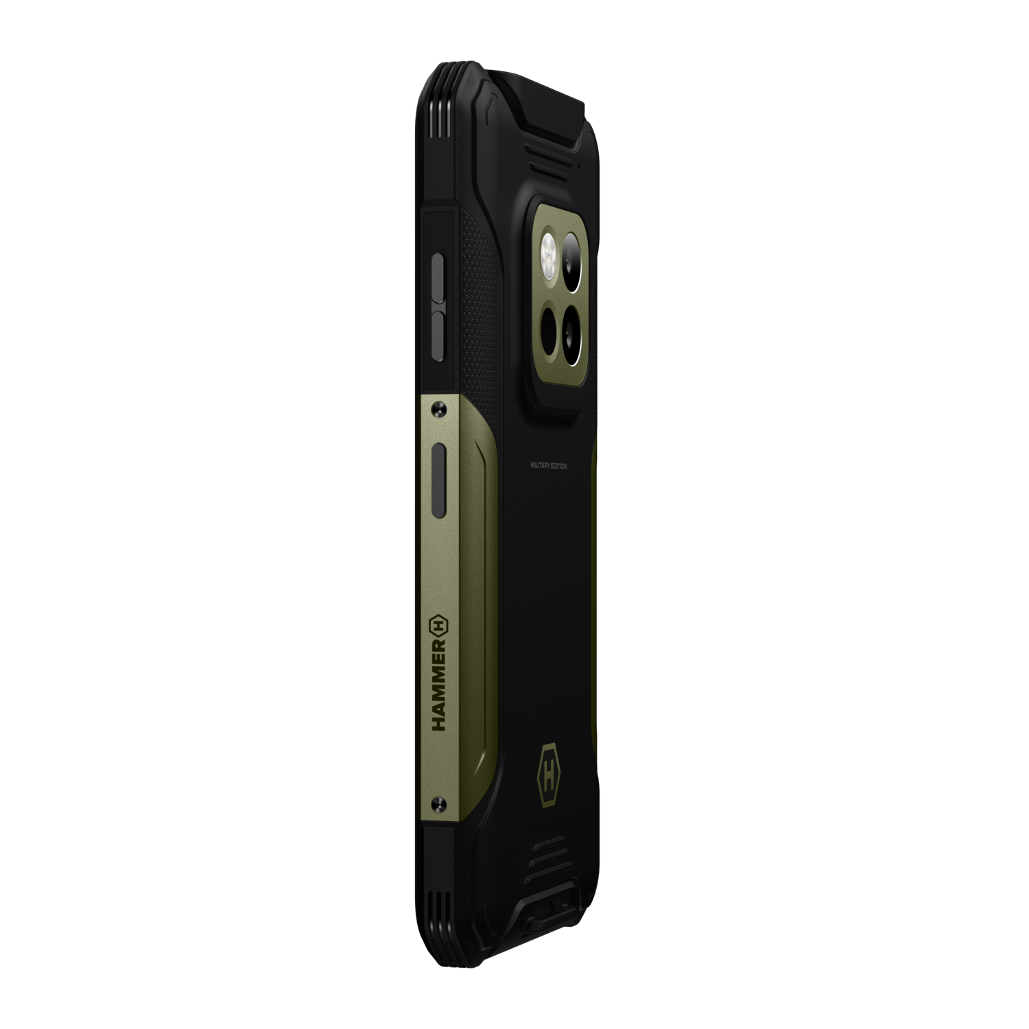 Zwarte en olijfgroene telefoonhoes. Voorzien van camera-uitsparingen, knoppen en merklogo. Tekst militaire editie zichtbaar.