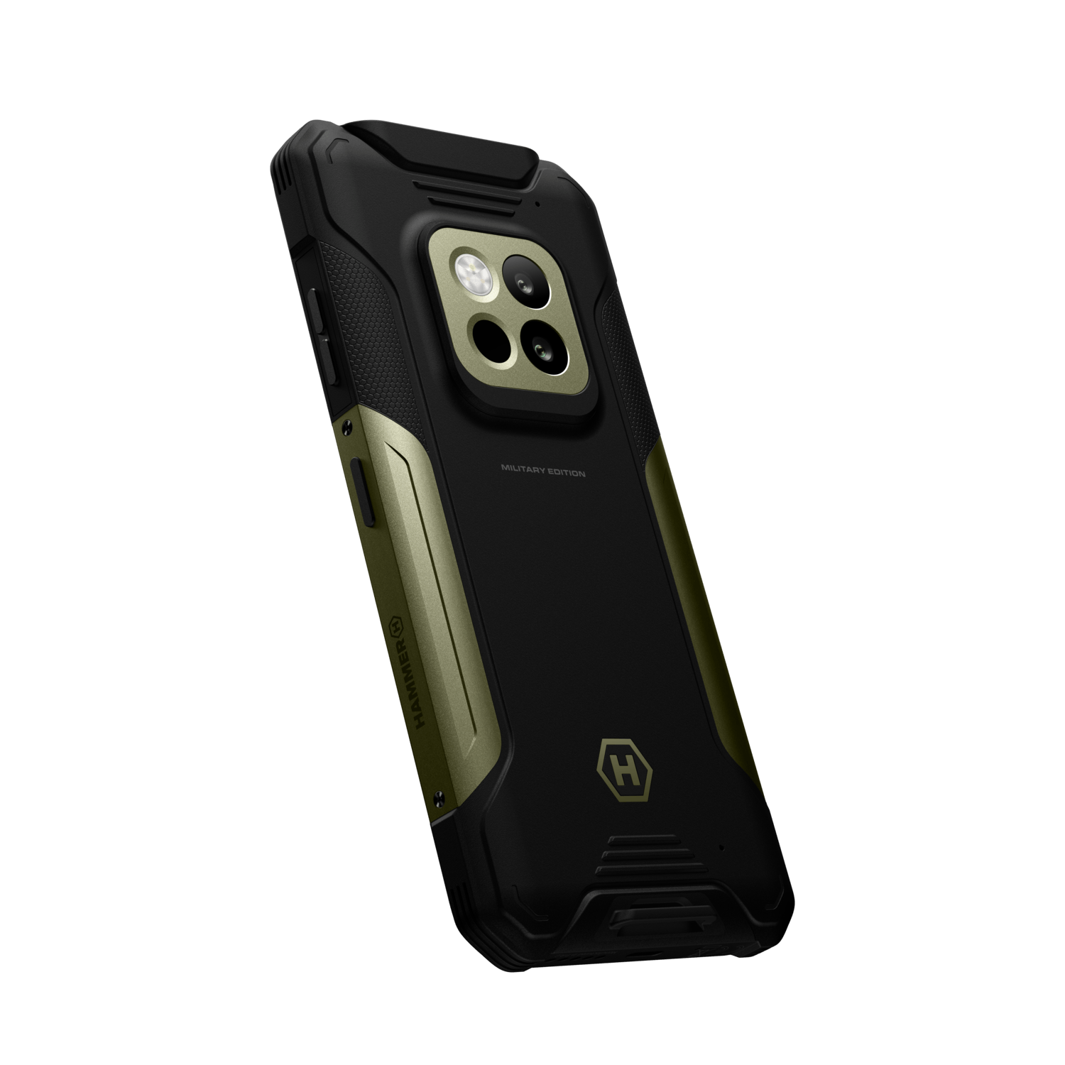 Een zwarte en olijfgroene telefoonhoes, schuine weergave. Het heeft een camerabult met lenzen en een logo op de achterkant. Tekst "MILITARY EDITION" is zichtbaar.