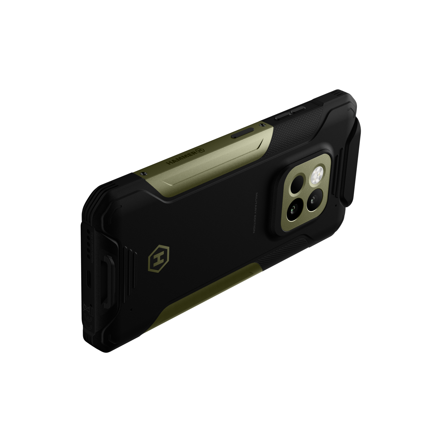 Een zwarte en olijfgroene telefoonhoes, schuine weergave. Het heeft een camera-uitsparing, knoppen en een logo. De achtergrond is wit.