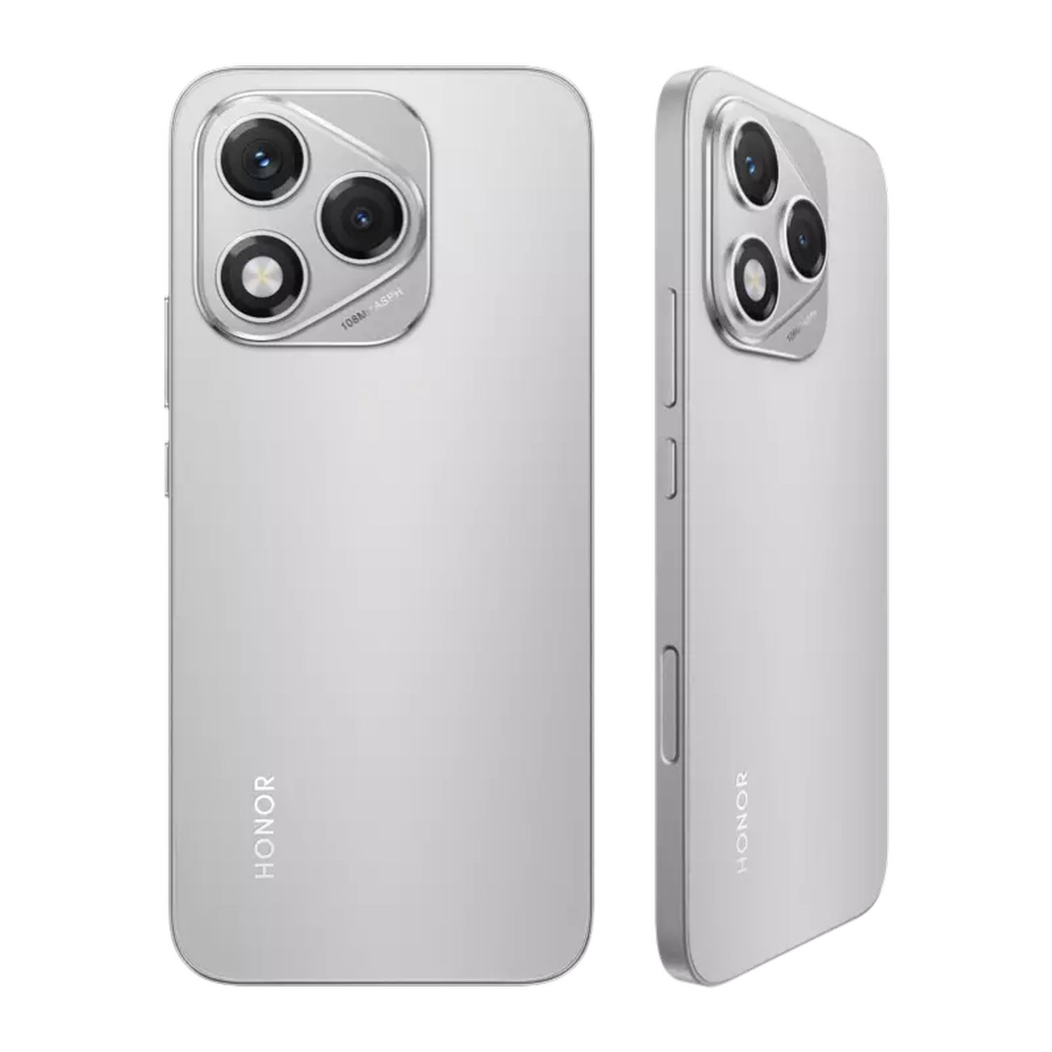 Two views of a silver Honor smartphone with a triple camera and 108MP-ASPH.