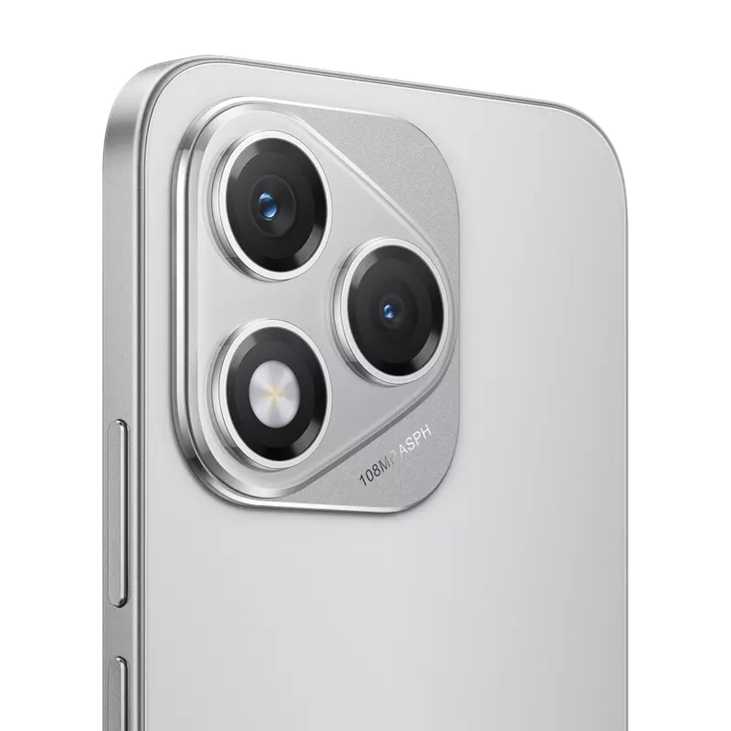 The back of a silver phone features a three-lens camera.