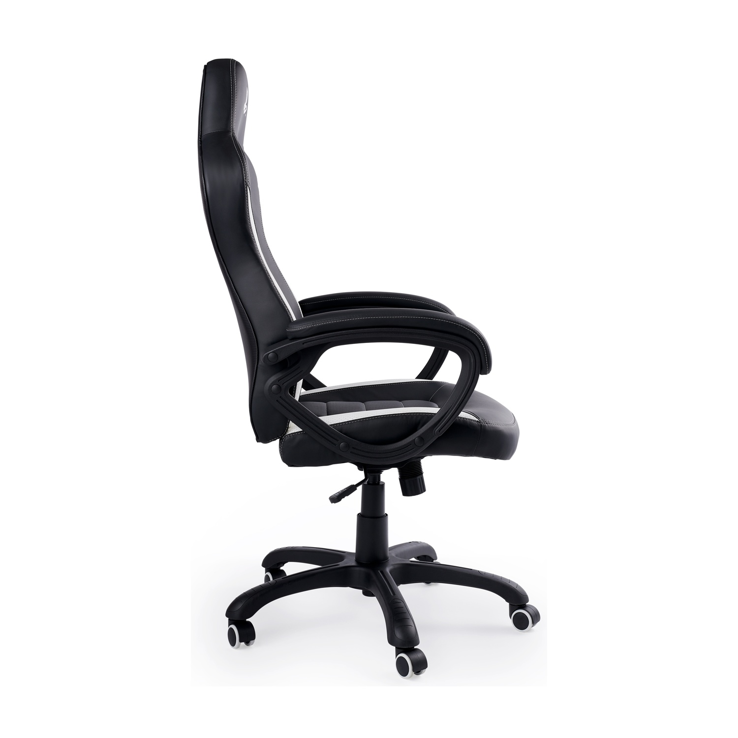 Sedia da gaming bianca e nera, vista laterale, con schienale alto e ruote.