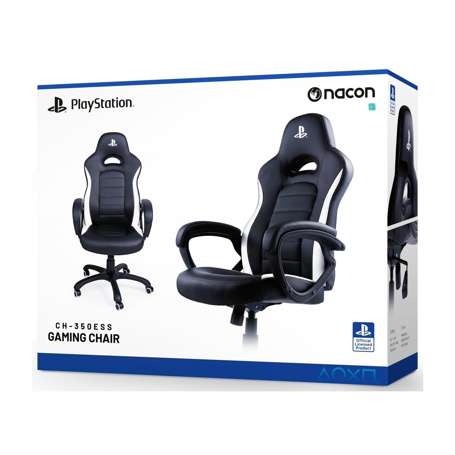 Scatola della sedia da gaming. Mostra la sedia con design bianco e nero, logo e testo.