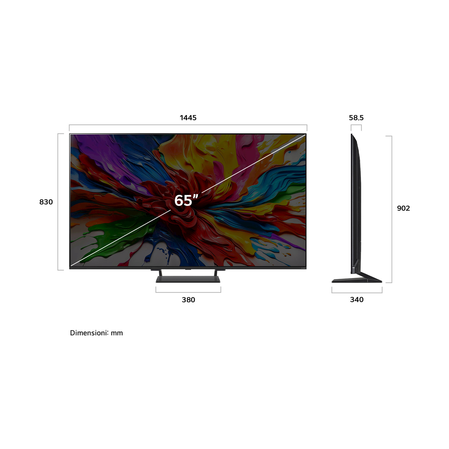 TV che mostra un'immagine colorata, con dimensioni in mm.