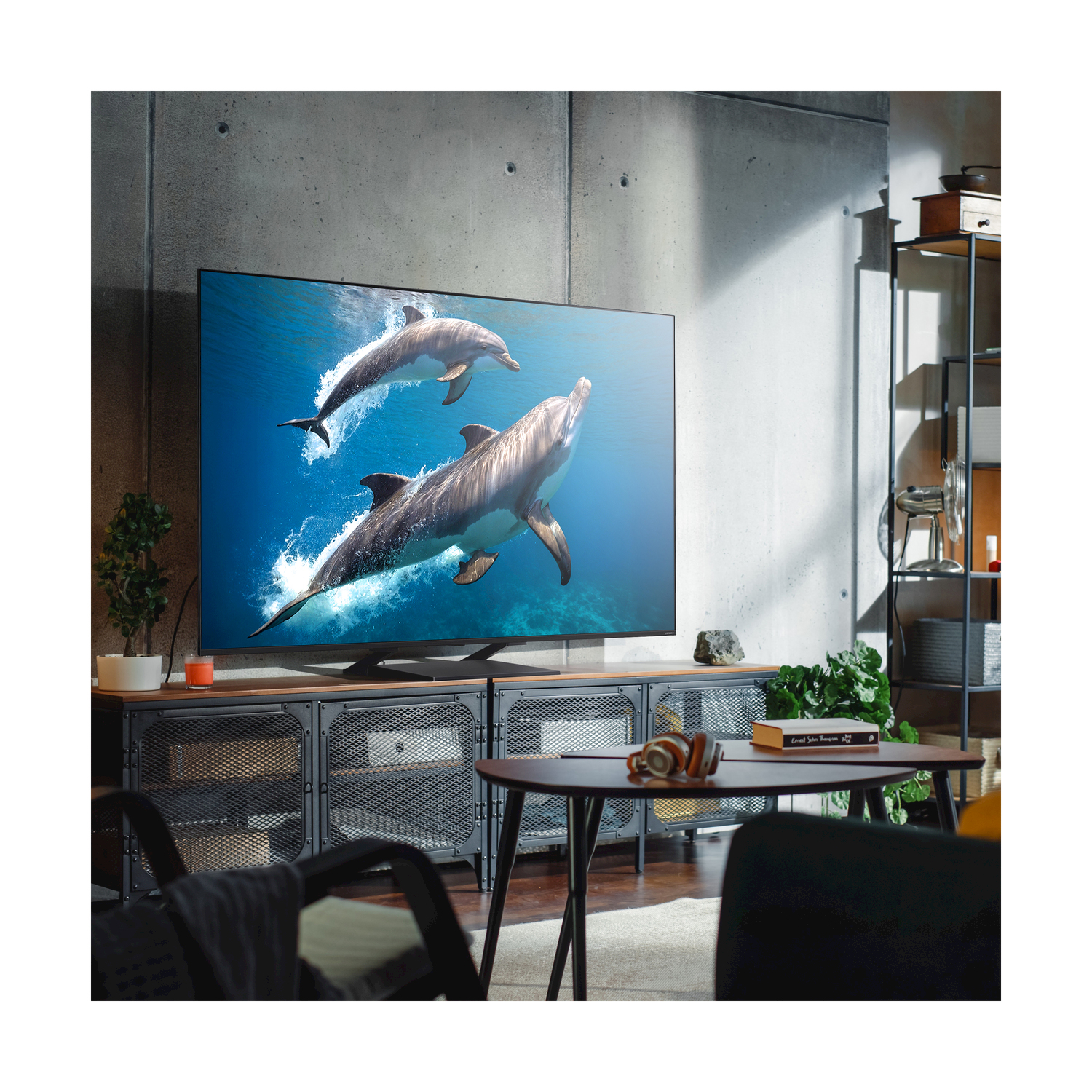 Una TV mostra delfini che saltano fuori dall'acqua. La TV è su un mobile.